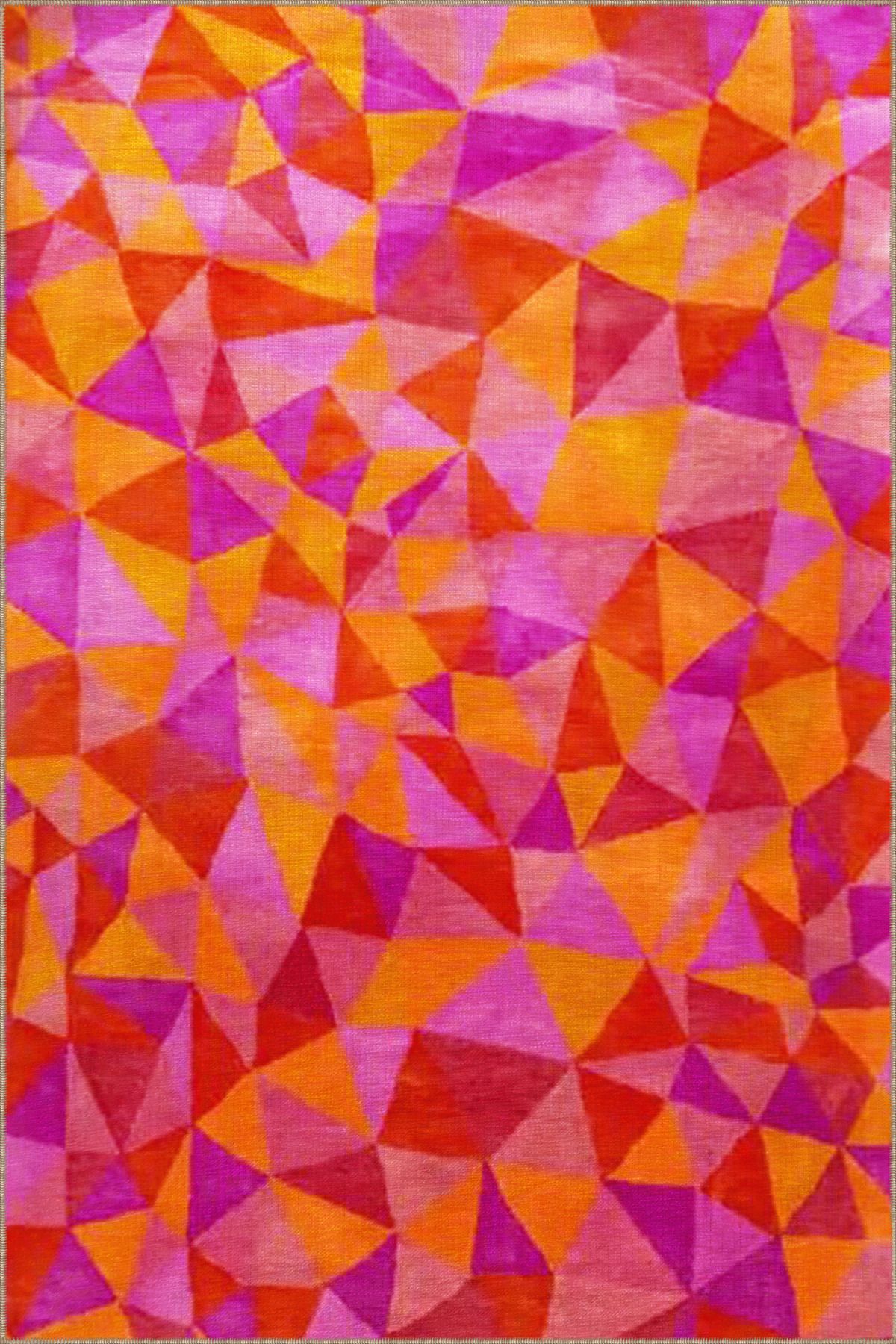 Turuncu Pembe Temalı Geometrik Desenli Modern Dekoratif Halı 3458