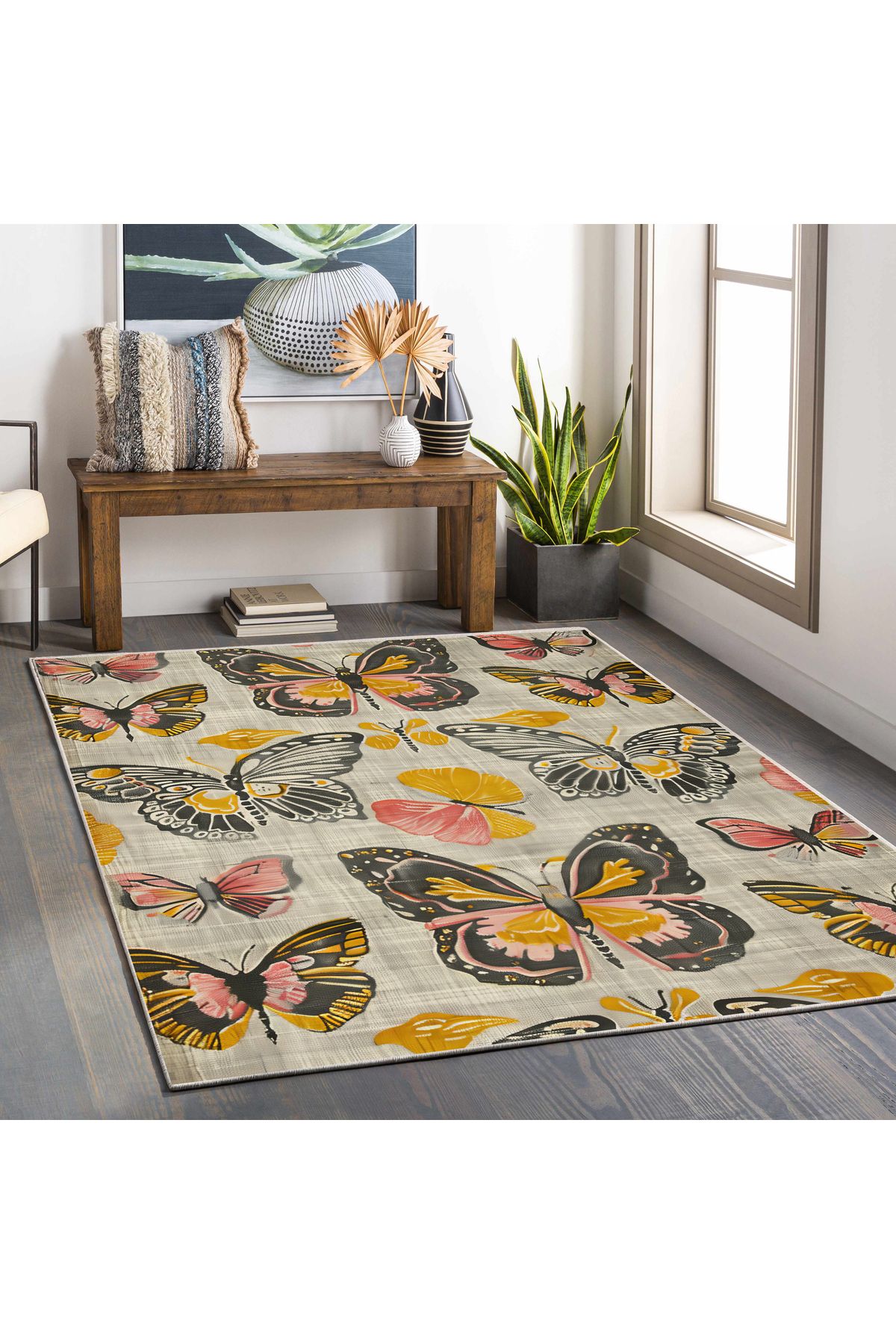 Paris Koleksiyonu Bej Tonlarda Sarı Detaylı Kelebekler Modern Dekoratif Halı paris18