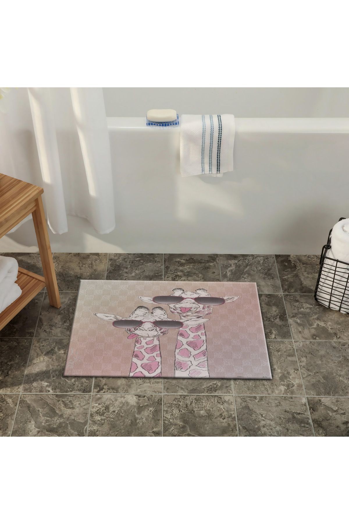 Bej Pudra Temalı Soyut Zürafa Desenli Modern Dekoratif Banyo Paspası 90×60