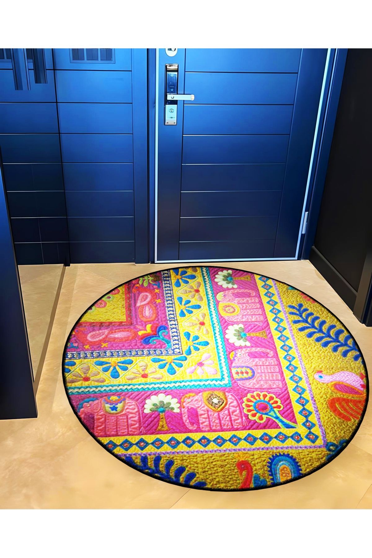Mira Yuvarlak Sarı Pembe Etnik Desen Fil Detaylı Dokuma Taban Modern Dekoratif Halı 5788