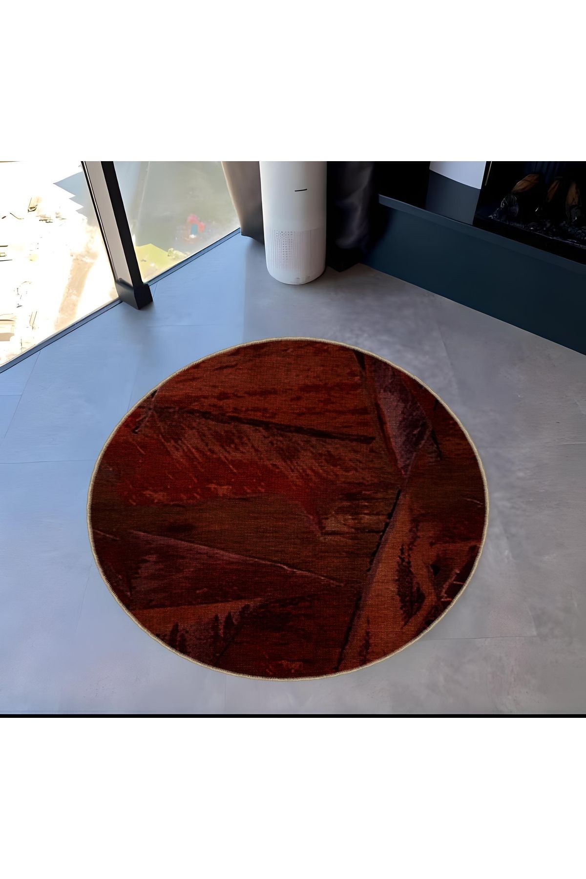 Bordo Temalı Soyut Desenli Yuvarlak Dokuma Taban Modern Dekoratif Halı 6034