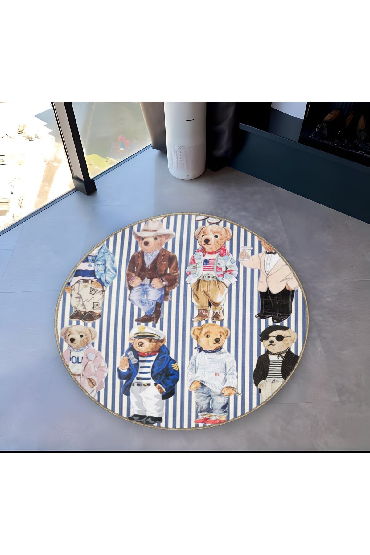 Mira Yuvarlak Mavi Ton Çizgiler ve Teddy Bear Ayıcık Figürler Desenli Modern Dekoratif Halı 4948