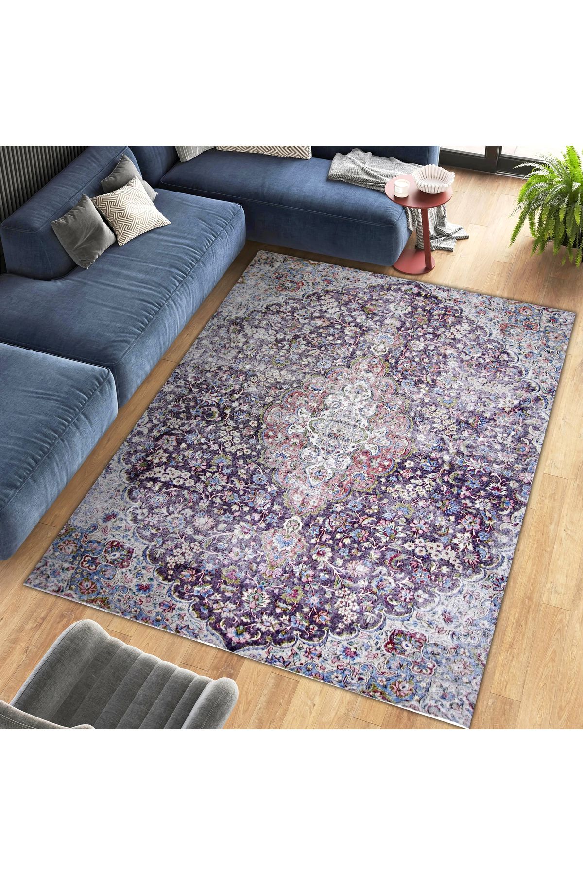 Mete Koleksiyonu Mor Tonlar Geleneksel Motif ve Çiçek Desenli Vintage Dekoratif Halı 46