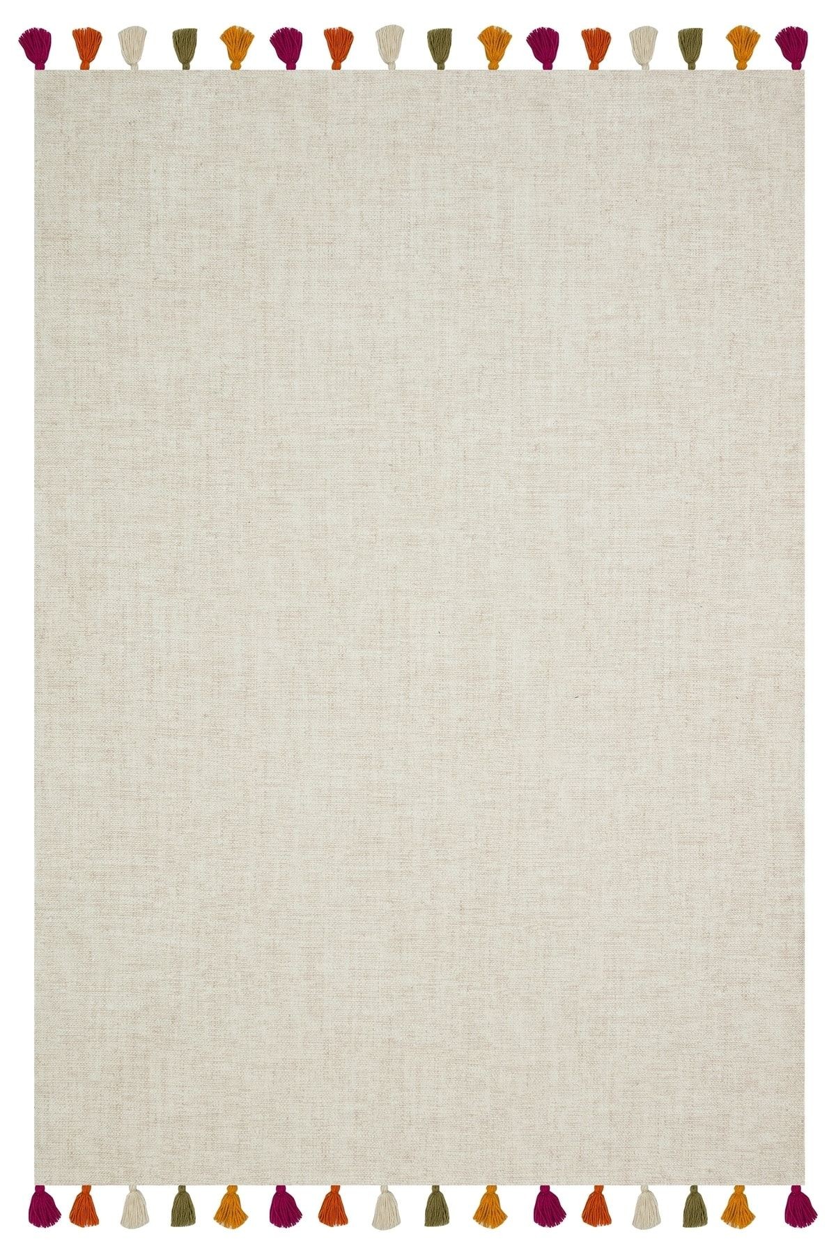 Moroccan 9003 Bej Renkli Püsküllü Bohomian Ve Modern Kilim