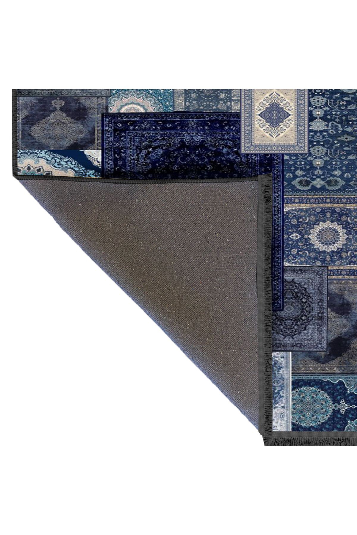 Kuvars Koleksiyonu Mavi Lacivert Vintage Motifler Desenli Dokuma Taban Etnik Dekoratif Halı kuvars15