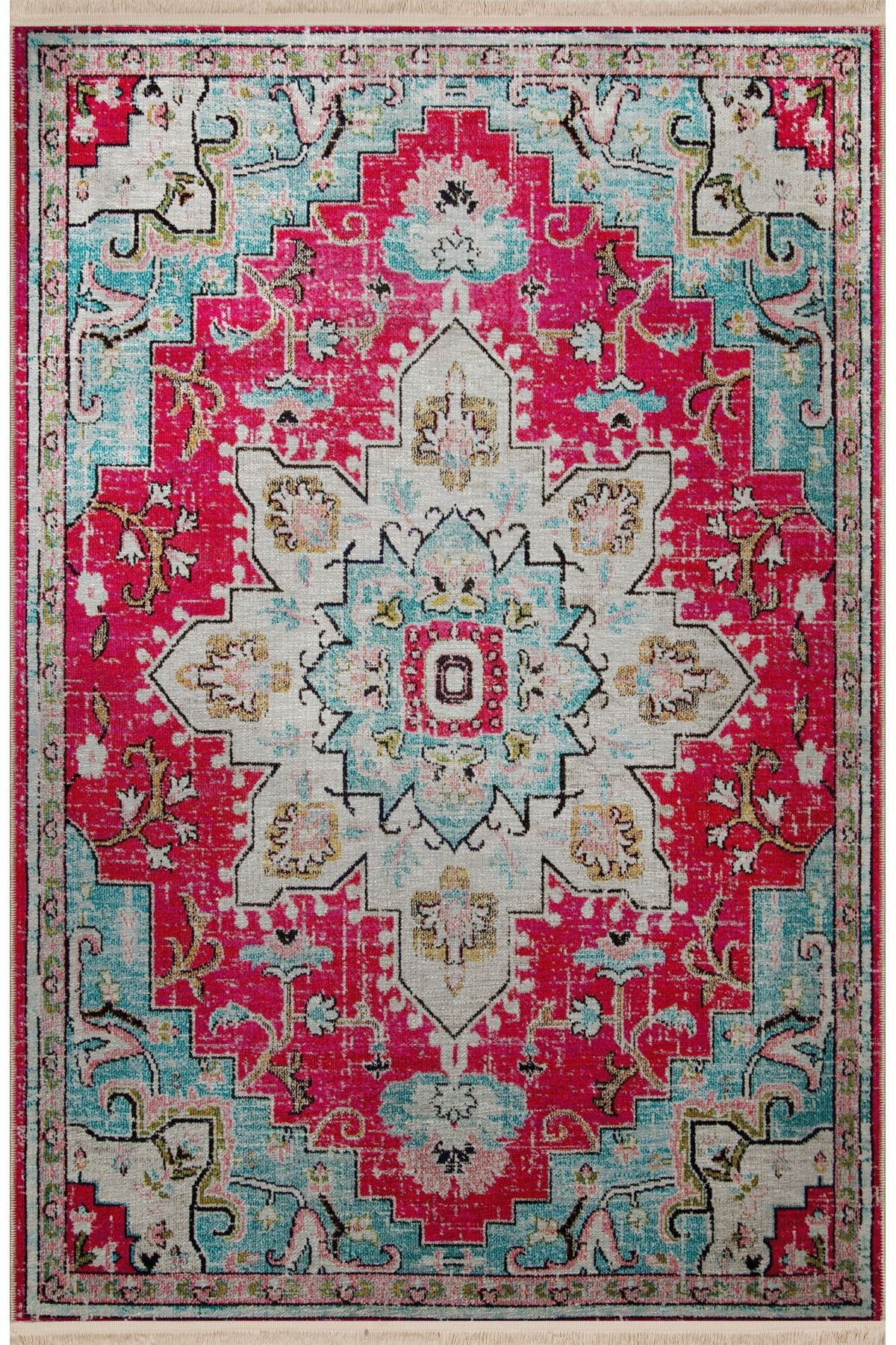Turkuaz Pembe Temalı Geleneksel Motif Desenli Kreatif Vintage Dekoratif Halı 2930