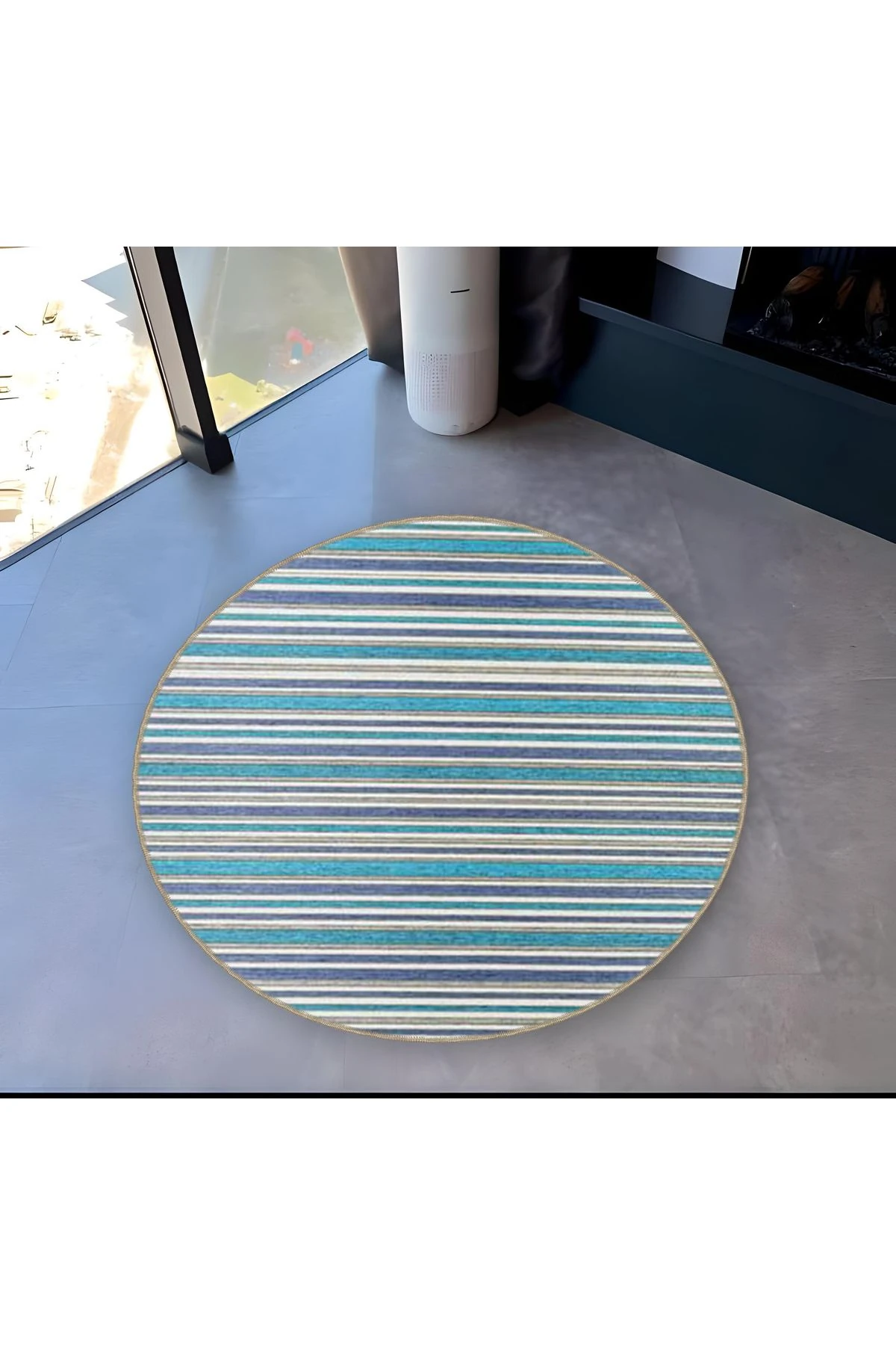 Mira Yuvarlak Mavi Yeşil Çizgi Detaylı Dokuma Taban Modern Dekoratif Halı 5562