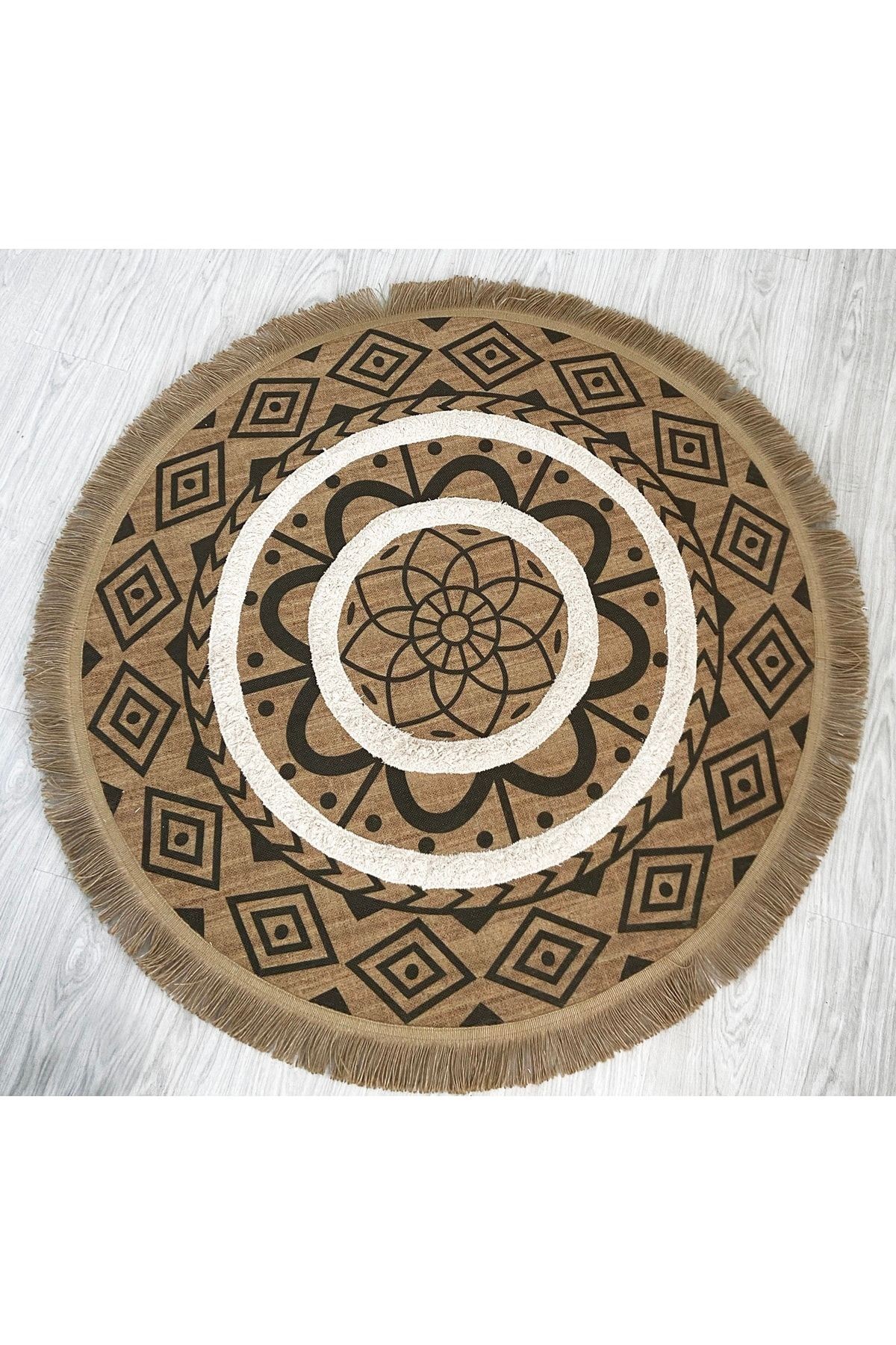 Jüt Marakesh Kilim 5015 Siyah Etnik Baskılı Yuvarlak Püsküllü Jüt Kilim