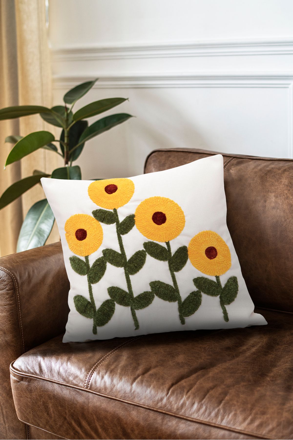 Bohem Tarz Nakış Detaylı Sarı Ayçiçekleri Desenli Punch Kırlent Kılıfı 05