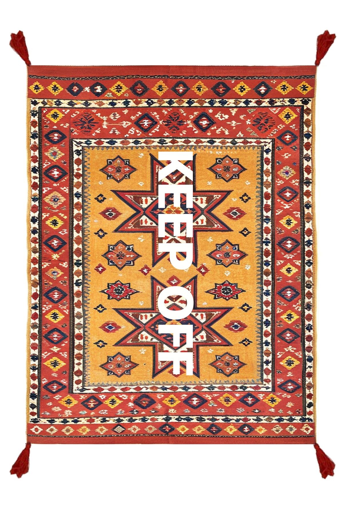 Tokyo Koleksiyonu Kırmızı Sarı Ton Keep Off Yazı Desenli Dokuma Taban Vintage Dekoratif Halı 22