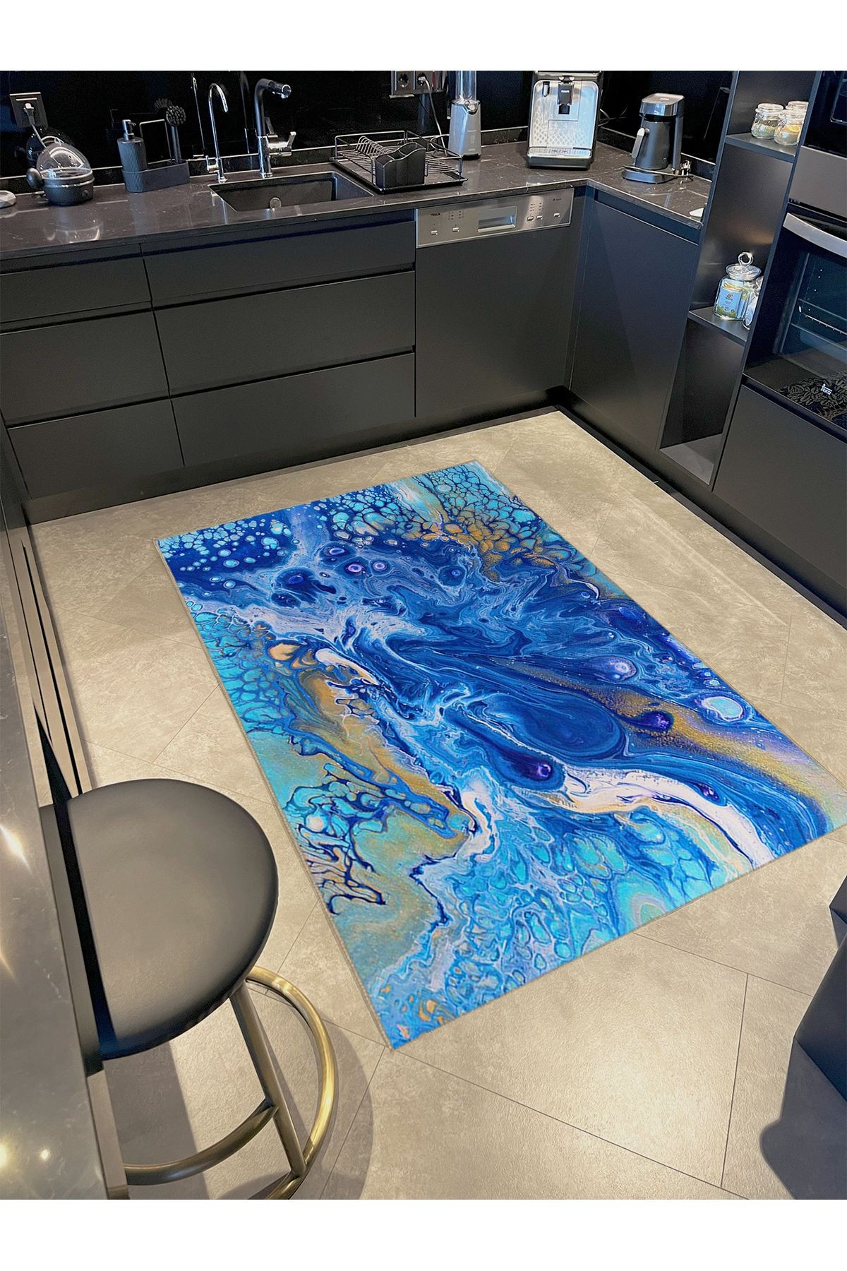 Ametist Serisi Mavi Temalı Ebruli Tasarım Desenli Dokuma Taban Modern Dekoratif Halı ametist80