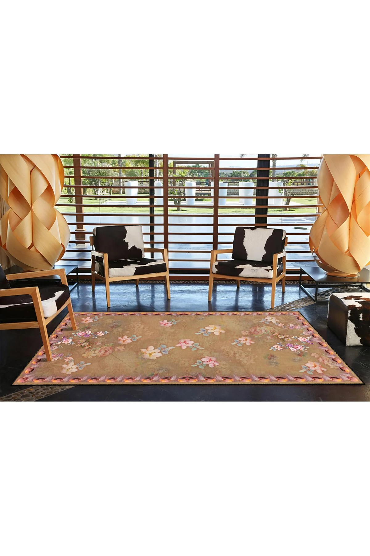 Çiçekli Modern Kahverengi Etnik Desenli Dokuma Taban ve Dekoratif Yıkanabilir Halı miravip8613