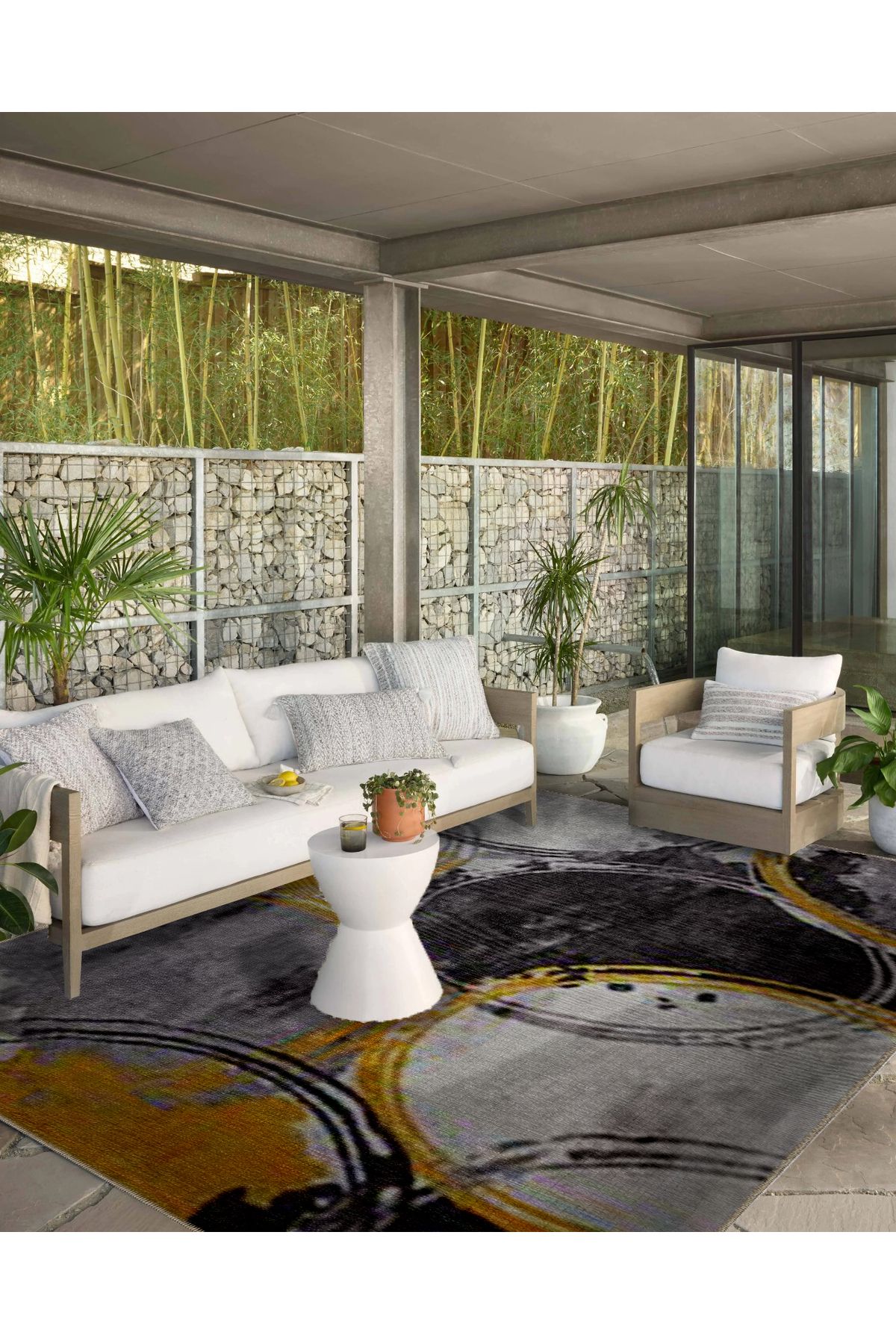 Gri Sarı Temalı Geometrik Daire Halka Desenli Modern Dekoratif Halı 5303