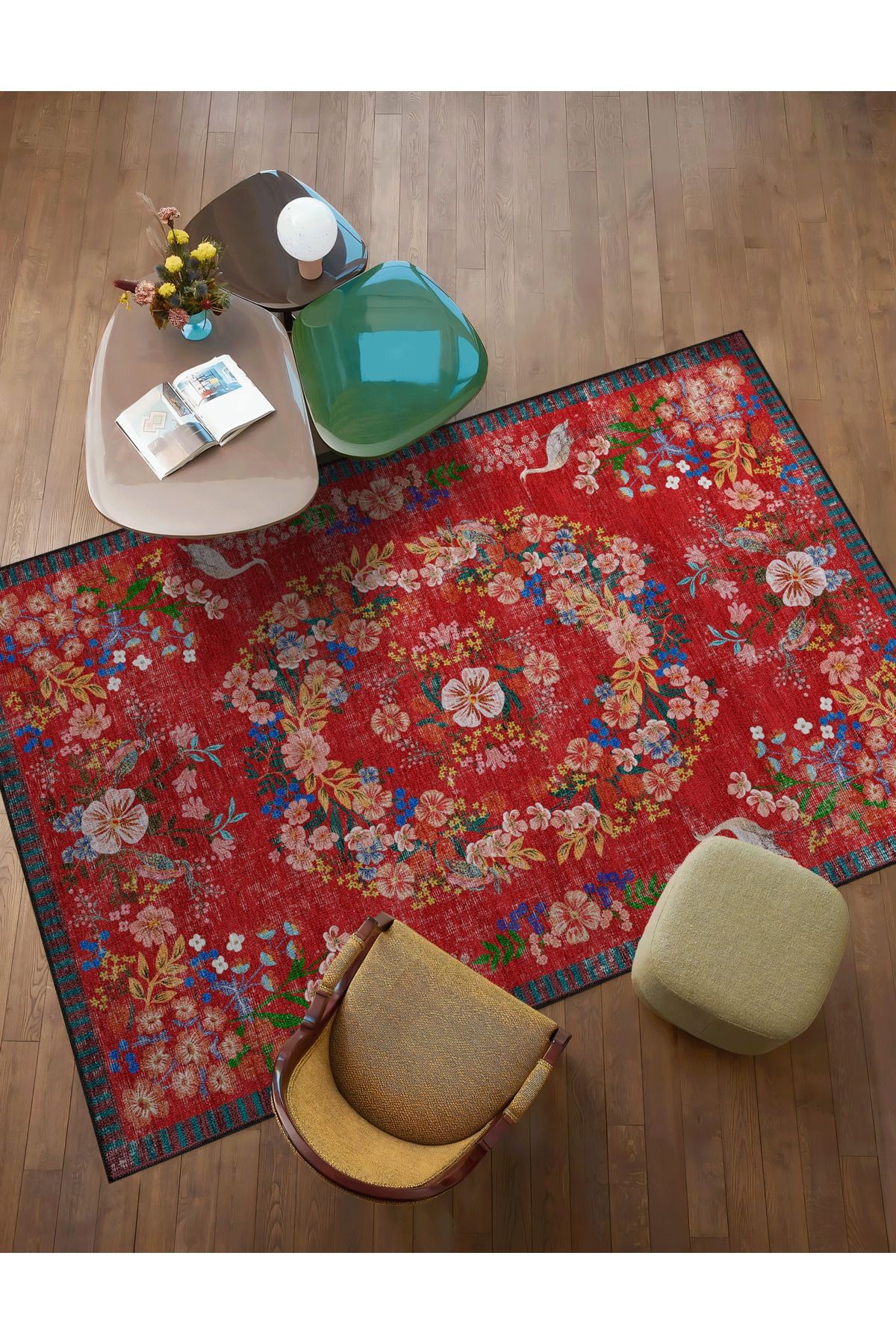 Floral Mira Kırmızı Tema Çok Renkli Çiçek Desenli Renkli Dokuma Taban Halı Mira 2919
