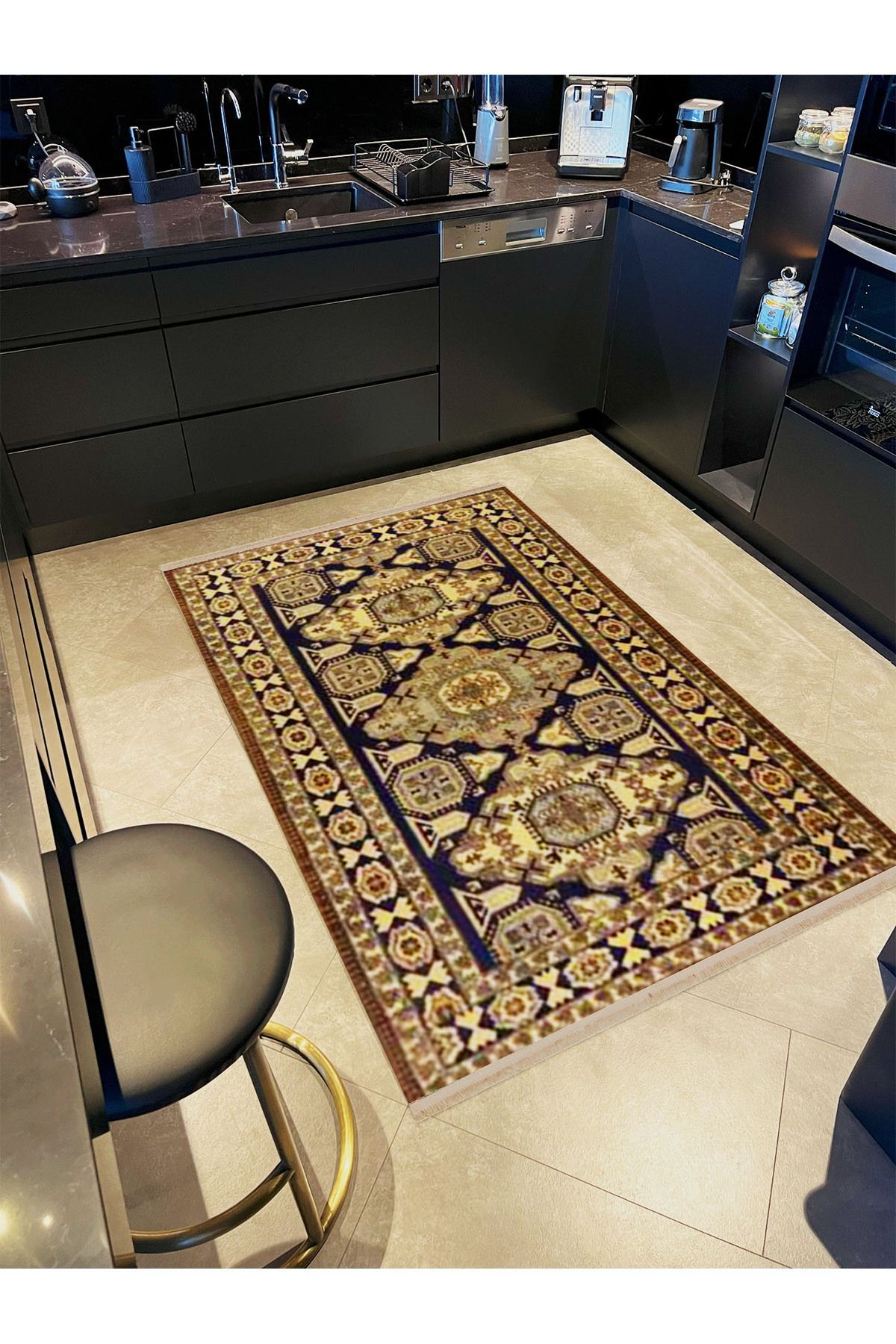 İnci Koleksiyonu Siyah Bej Tema Etnik Geleneksel Desenli Dokuma Taban Vintage Dekoratif Halı inci21