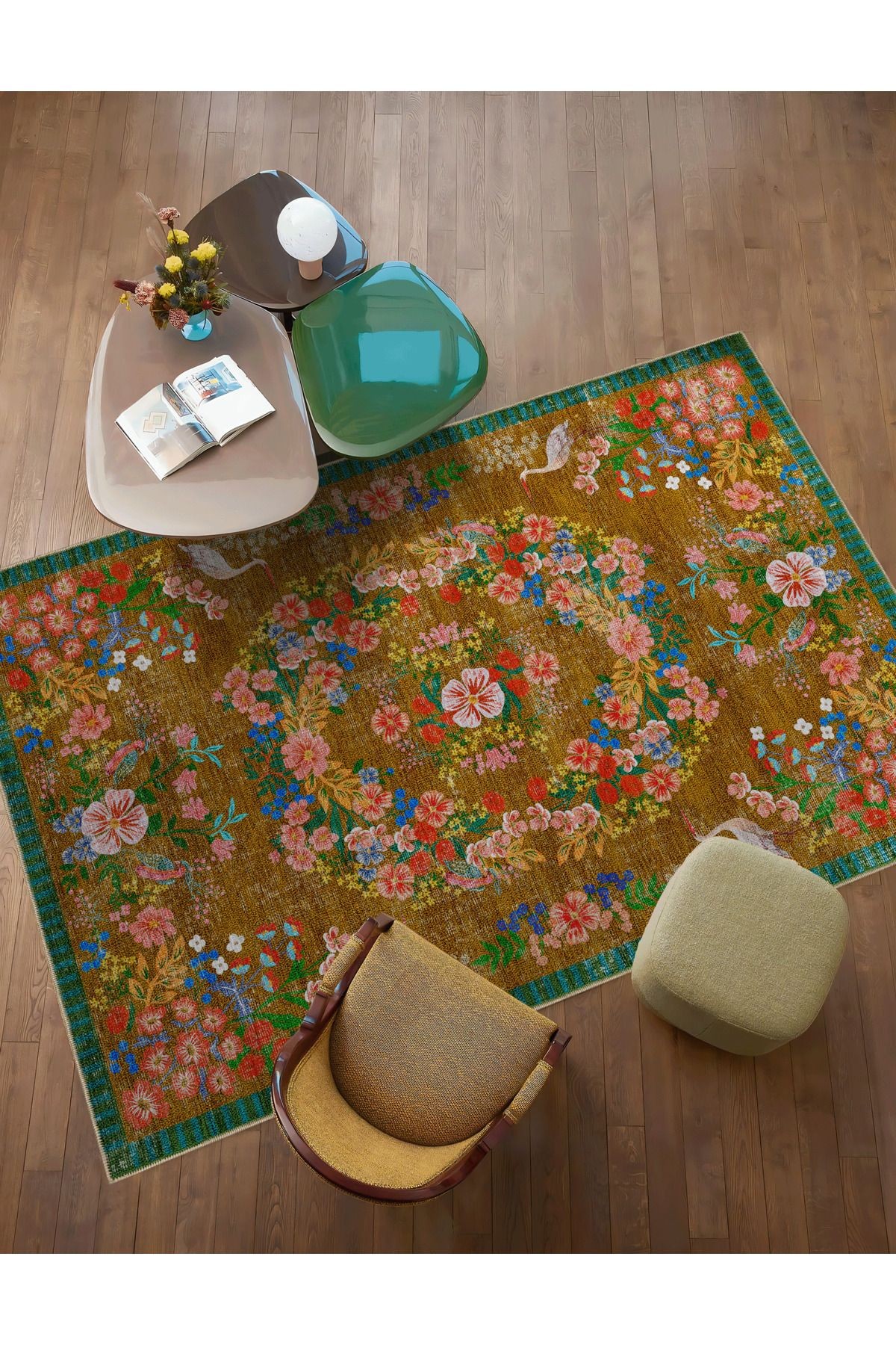 Floral Mira Kahverengi Tema Çok Renkli Çiçek Desenli Renkli Dokuma Taban Halı Mira 2920