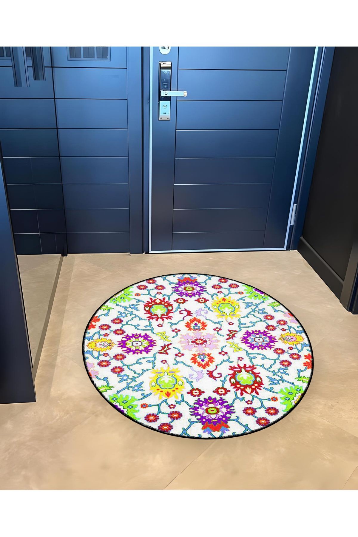 Çok Renkli Çiçekli Motif Desenli Yuvarlak Dokuma Taban Vintage Dekoratif Halı 6120