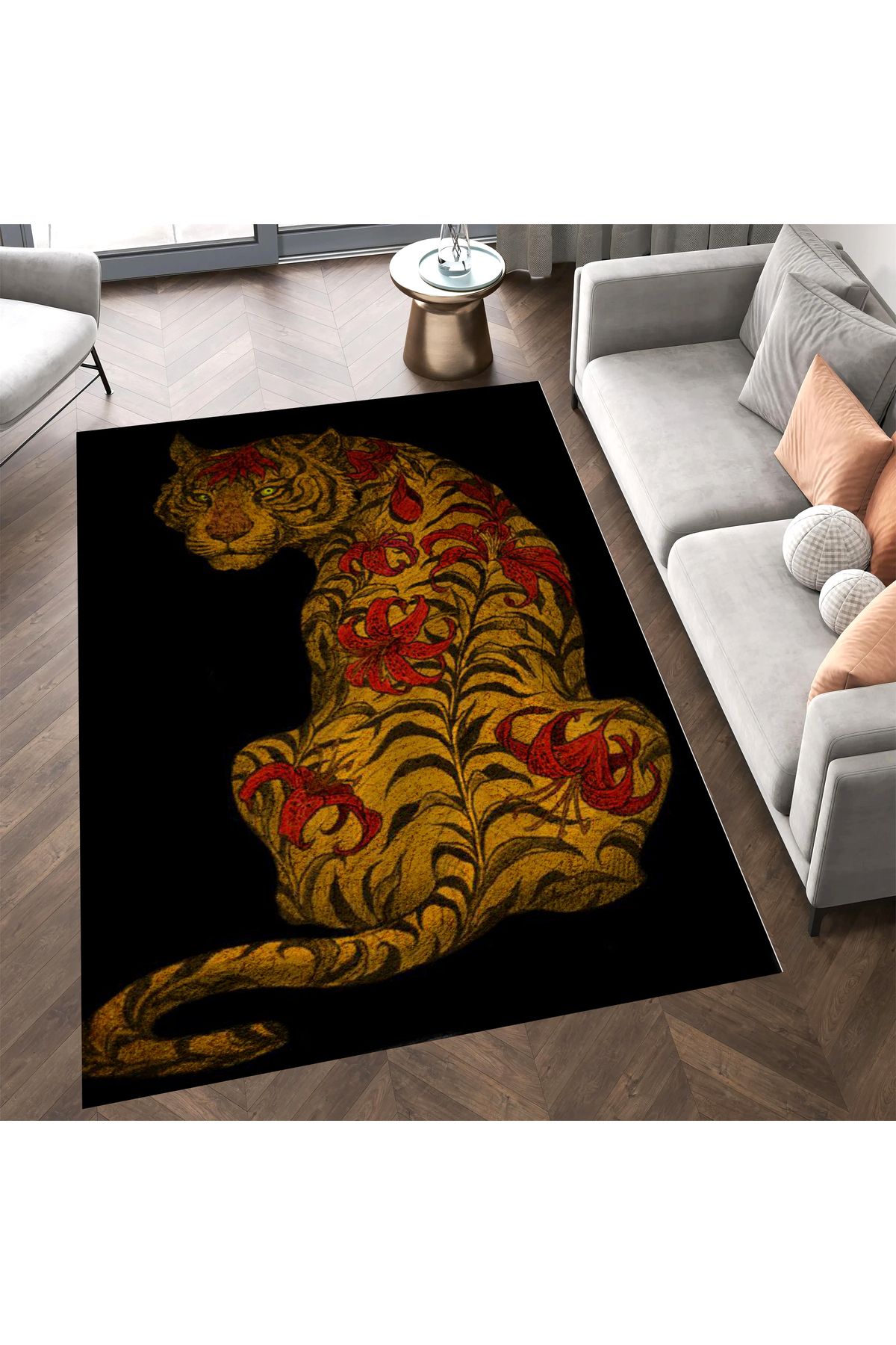 Kuzey Koleksiyonu Kırmızı Çiçek Detaylı Kaplan Desenli Dokuma Taban Dekoratif Halı kuzey18