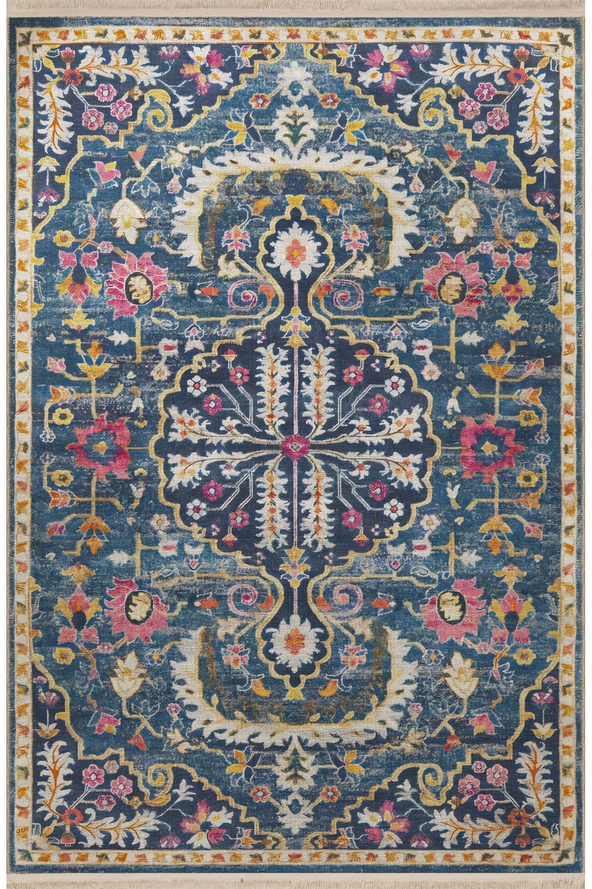 Mavi Temalı Çok Renkli Geleneksel Motif Etnik Çiçek Desenli Vintage Dekoratif Halı 2442