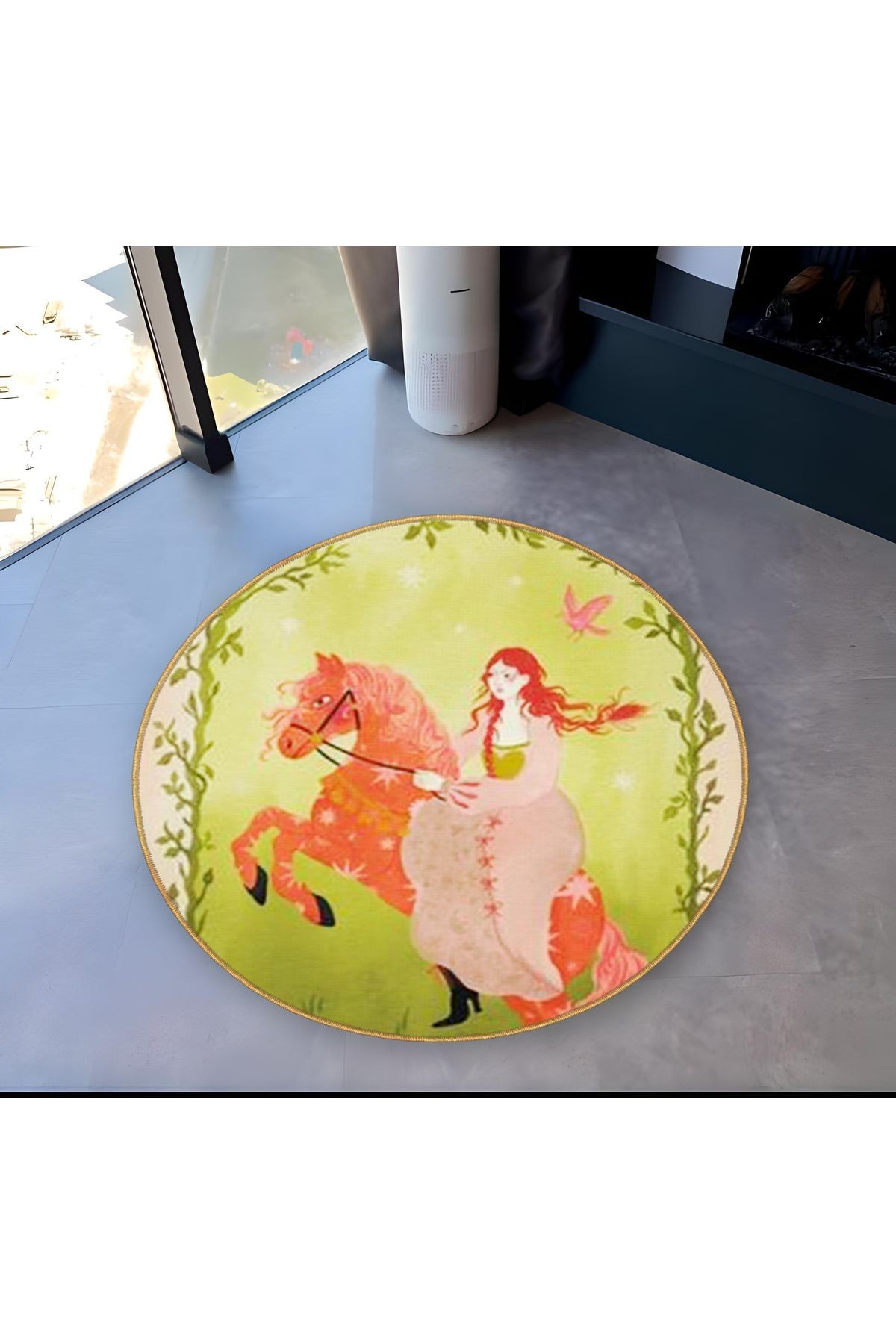 Yeşil Tema Atlı Prenses Desenli Yuvarlak Dokuma Taban Vintage Dekoratif Halı 6109