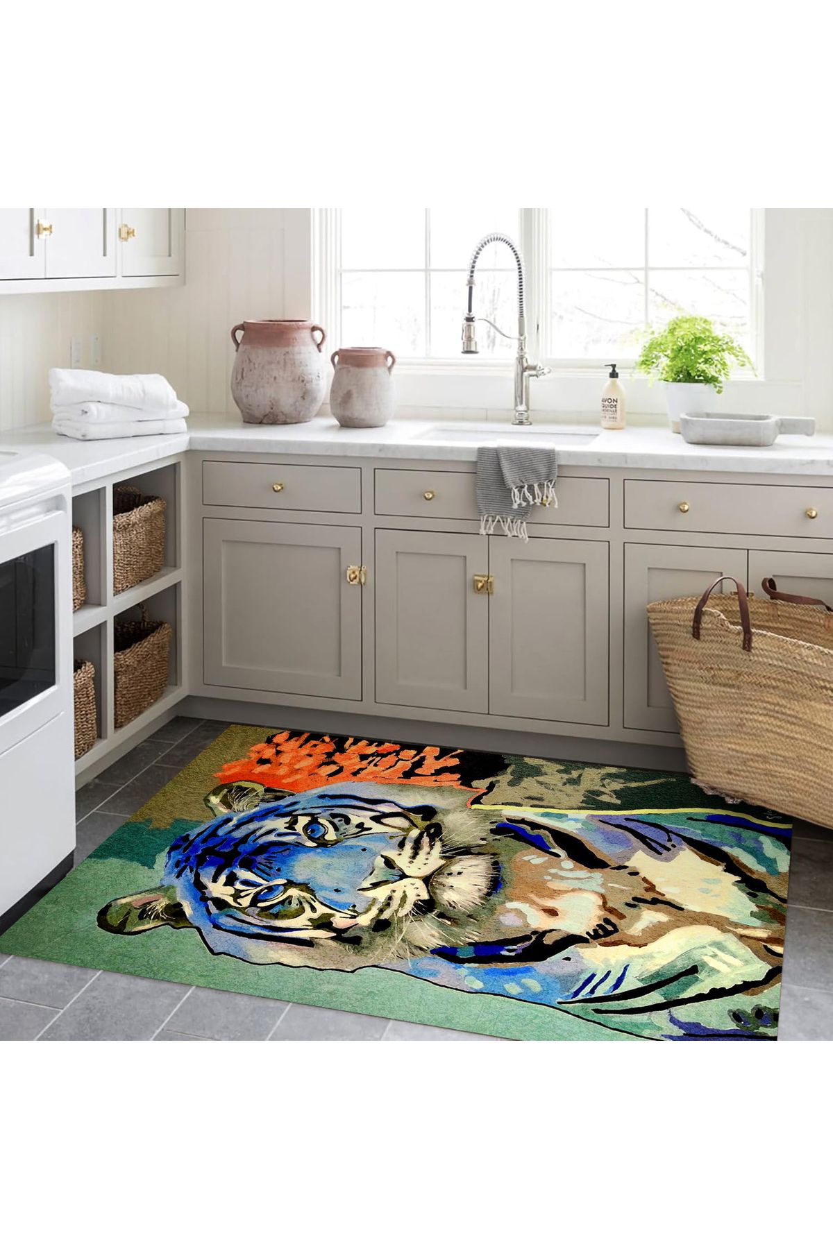 Kuzey Koleksiyonu Mavi Turuncu Detaylı Kaplan Desenli Dokuma Taban Dekoratif Halı kuzey27