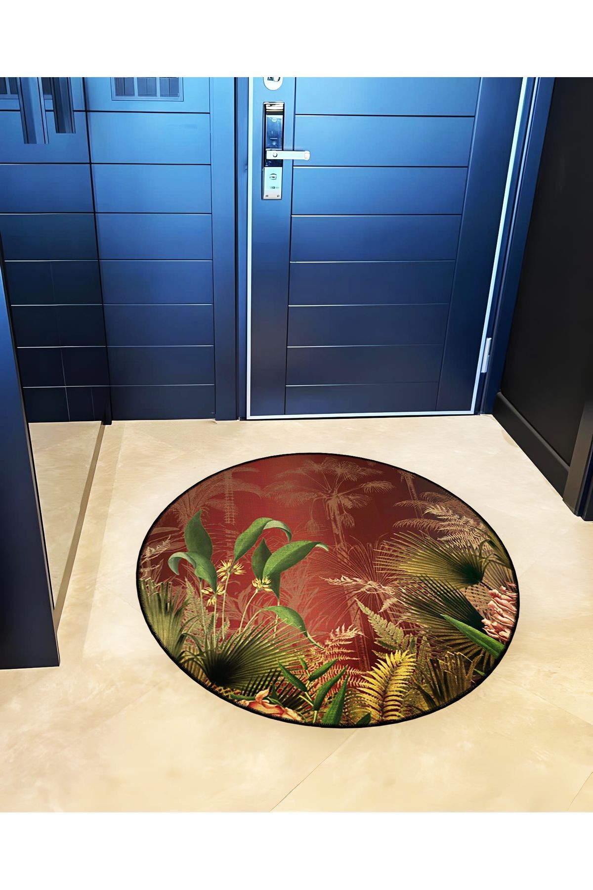 Bordo Tema Orman ve Bitki Desenli Yuvarlak Dokuma Taban Modern Dekoratif Halı 6141
