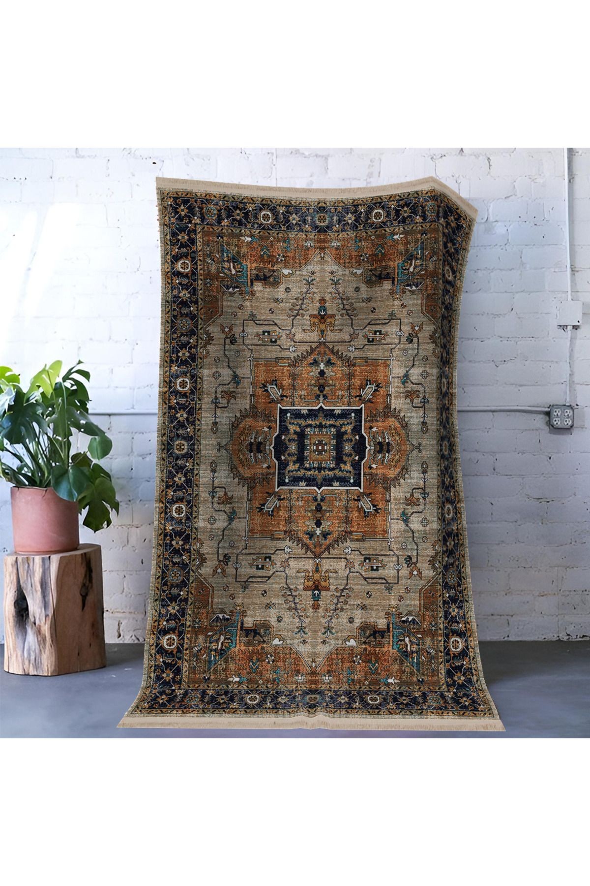 Mira Turuncu Bej Temalı Çok Renkli Geleneksel Motif Etnik Desenli Vintage Dekoratif Halı Mira 1588
