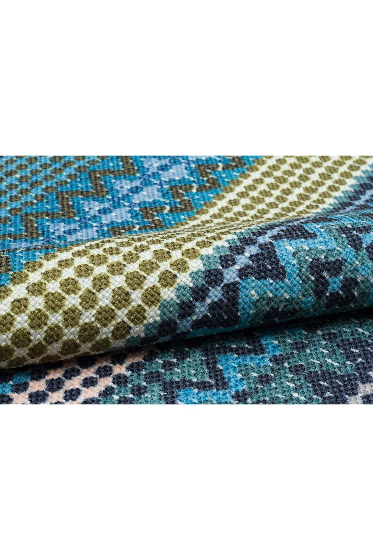 Cotton 548 Turkuaz Ve Haki Çok Renkli Dokuma Taban Kilim