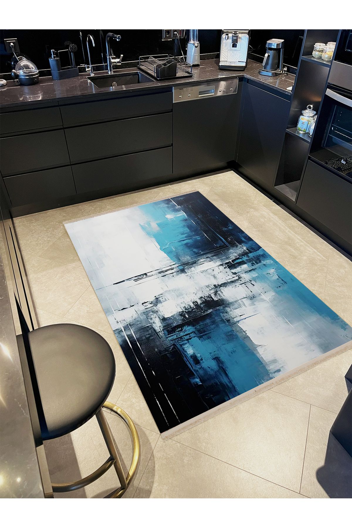 Yılmaz Koleksiyonu Yağlı Boya Görünümlü Beyaz Mavi Dokuma Taban Modern Dekoratif Halı yılmaz29