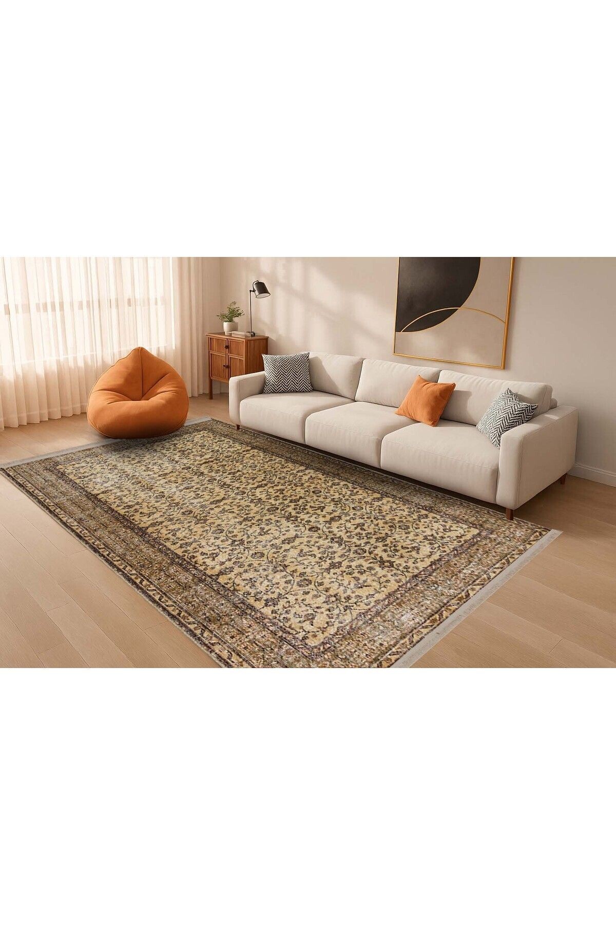 Memlük Koleksiyonu Bej Kahve Tonlar Etnik Motif Vintage Desenli Dokuma Taban Dekoratif Halı memlük22