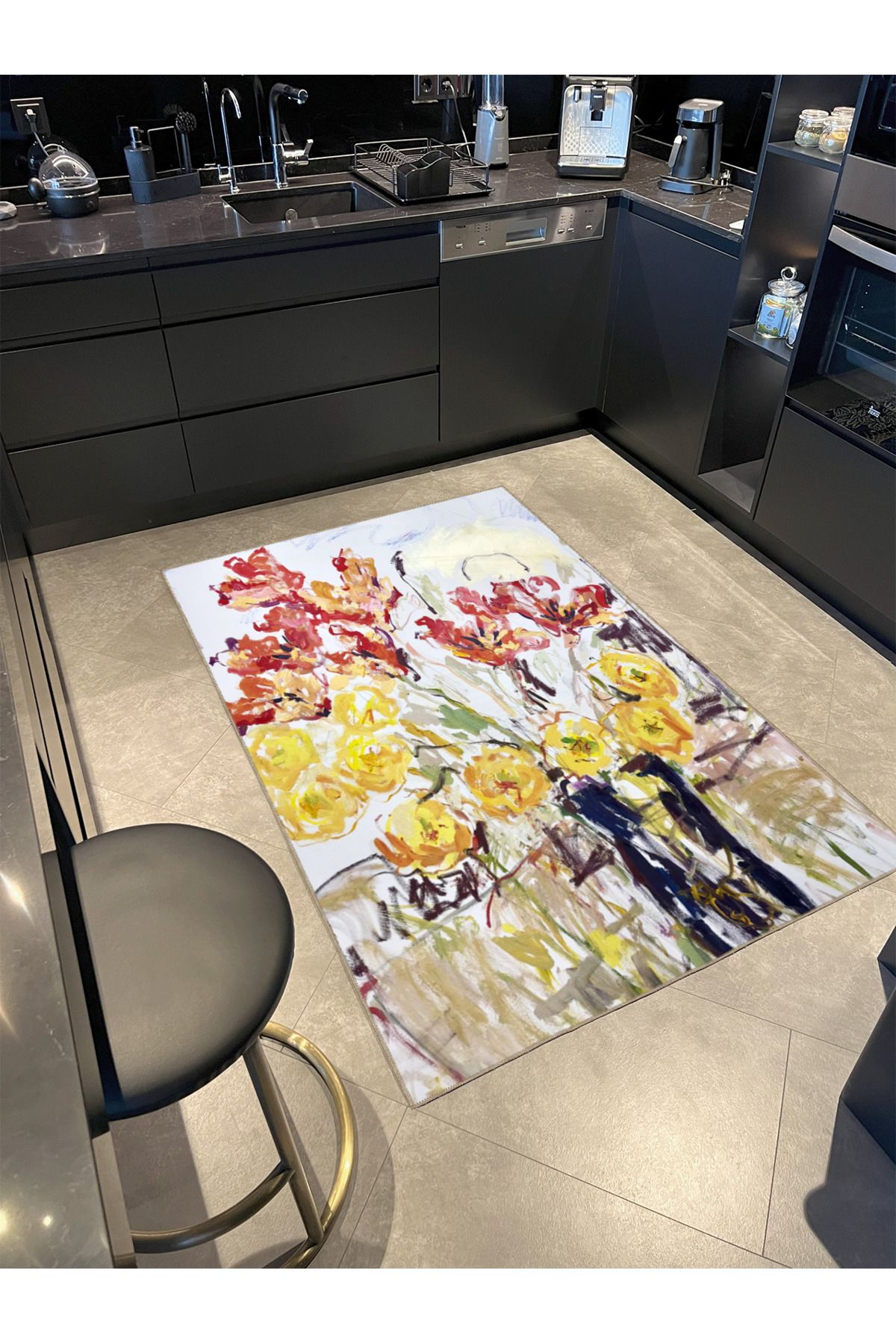 Beyaz Temalı Floral Renkli Dokuma Taban Yıkanabilir Halı miravip8798