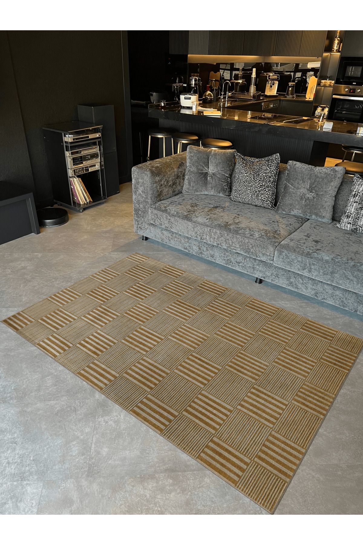 Bej Saman Rengi Çizgili Patchwork Desenli Kreatif Modern Dekoratif Halı 5368