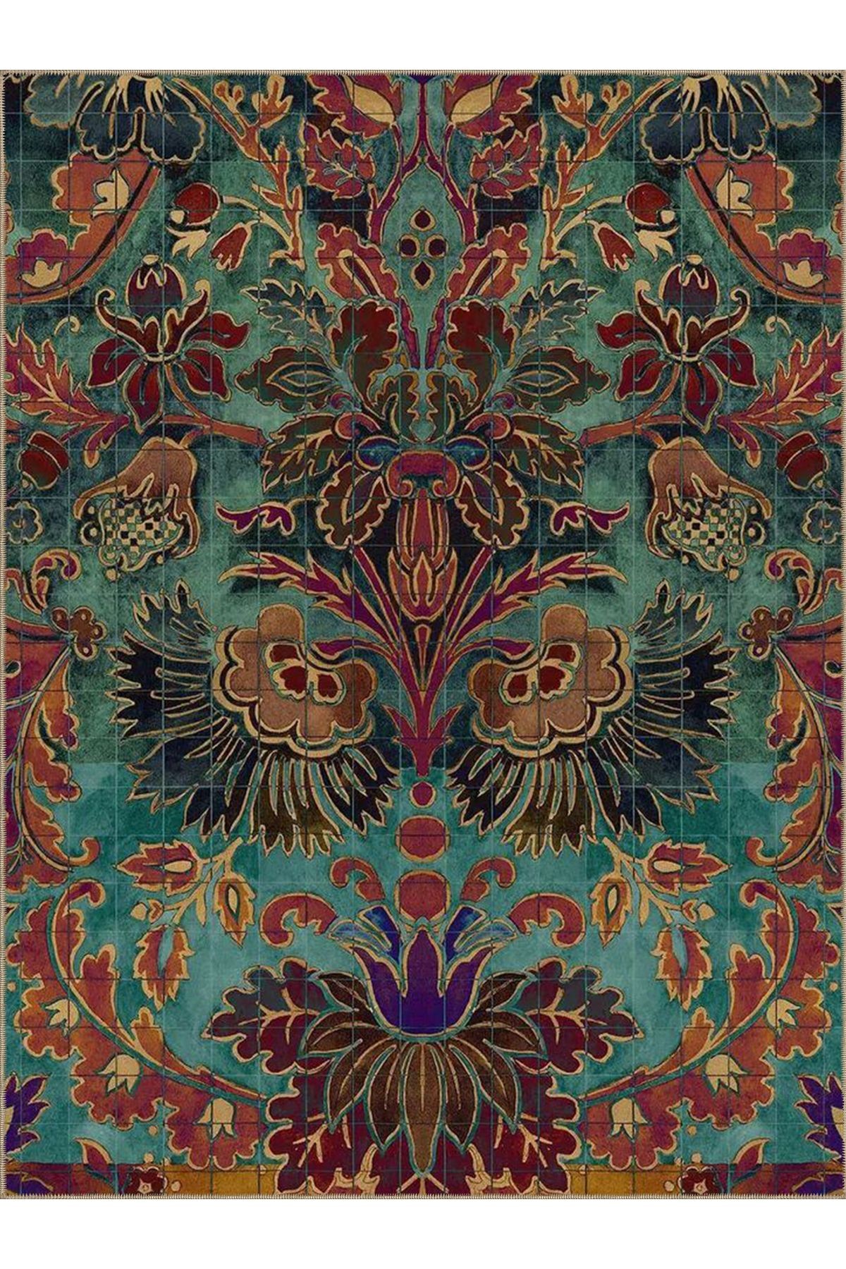 Semih Koleksiyonu Turkuaz Temalı Etnik Motif ve Çiçek Desenli Dokuma Taban Vintage Dekoratif Halı 40