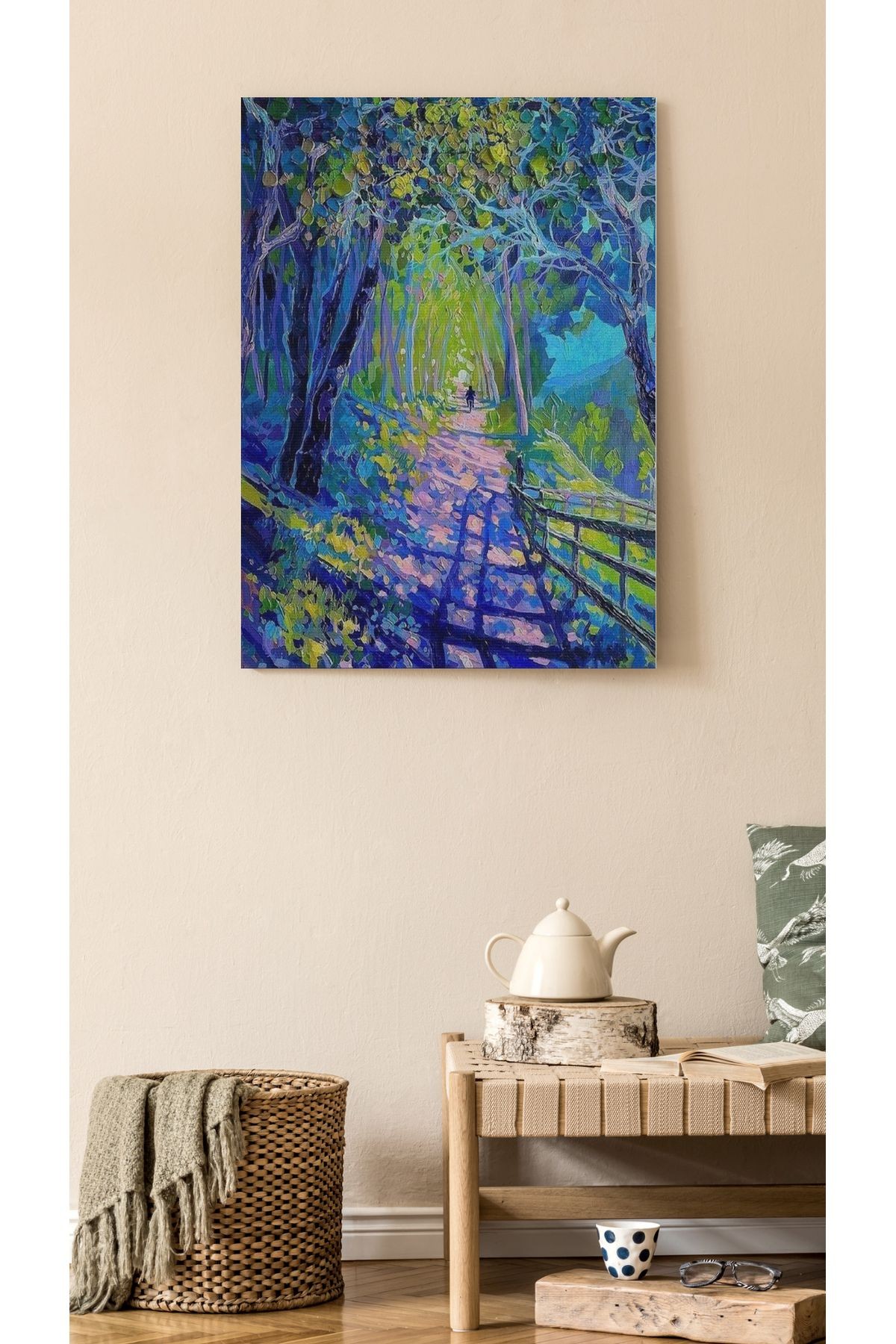 Kanvas Tablo Yol Ağaç Çayır Çimen Desenli Modern Tablo