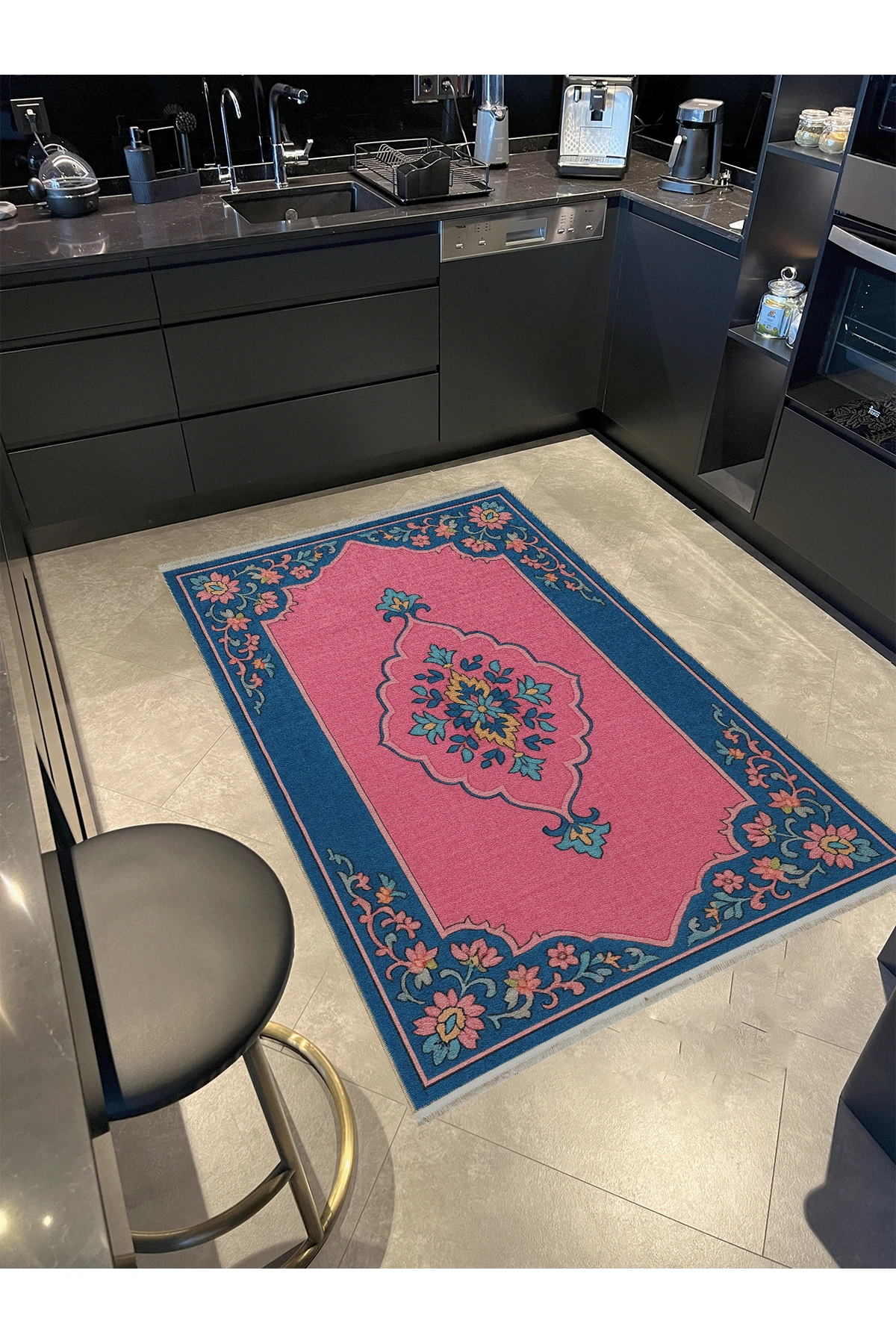 MOSSO Lacivert Pembe Temalı Etnik Motif Desenli Dokuma Taban Dekoratif Halı mosso315