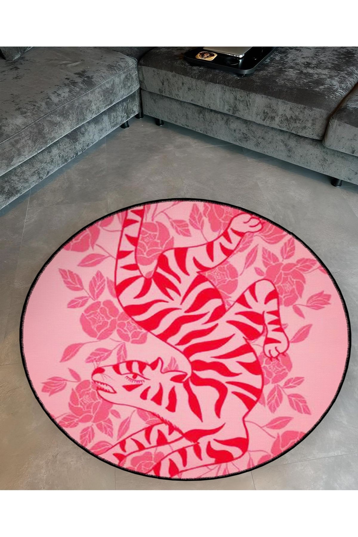 Pembe Tema Kaplan Desenli Yuvarlak Dokuma Taban Modern Dekoratif Halı 6112