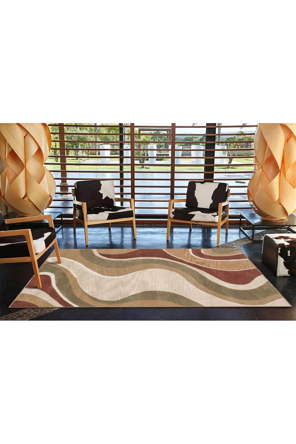 Dalgalı Kahverengi Tonlarda Desenli Dokuma Taban ve Yıkanabilir Halı miravip9378