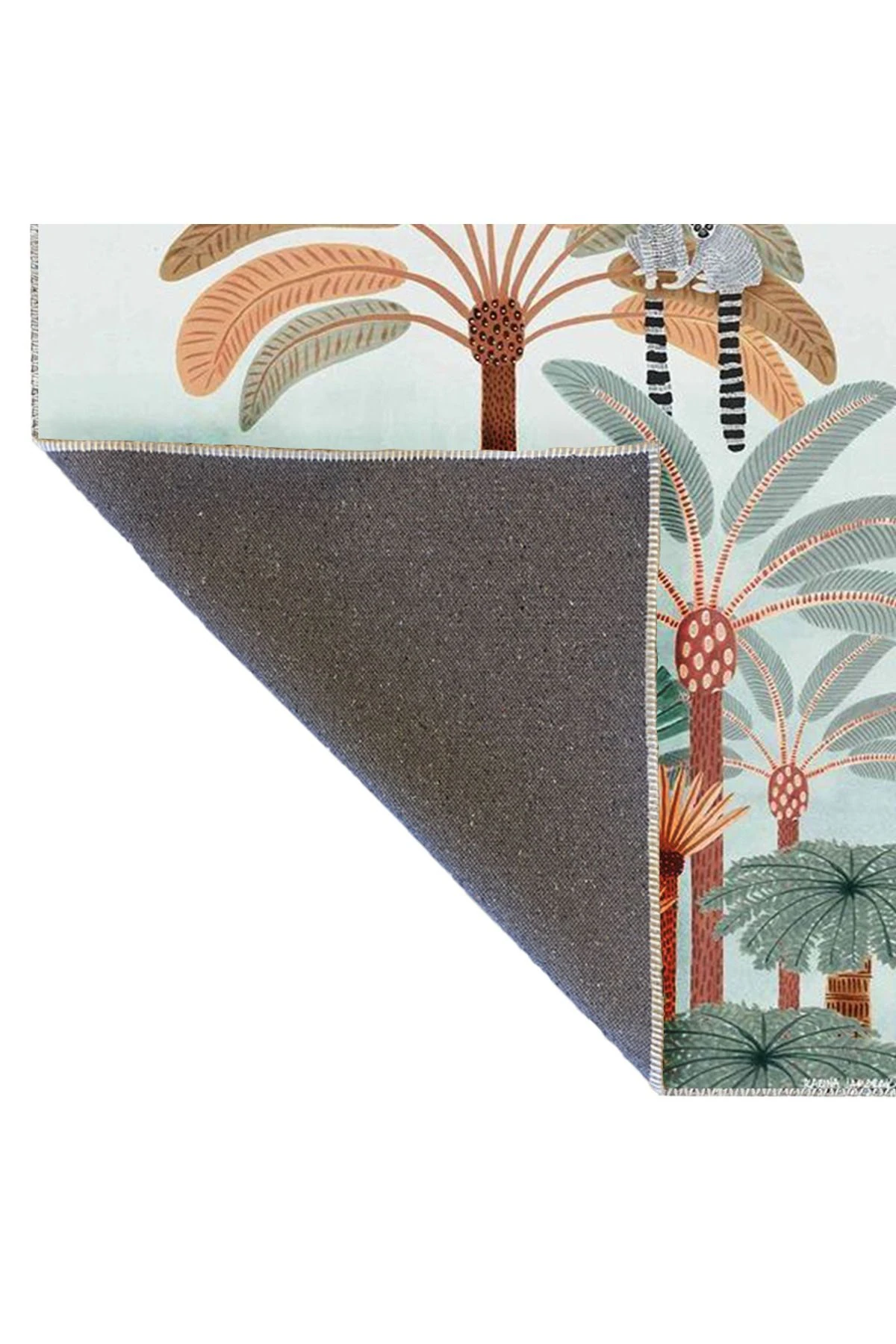 Kubilay Koleksiyonu Tropikal Palmiye Ağaç ve Maymunlar Desenli Dokuma Taban Modern Dekoratif Halı 05