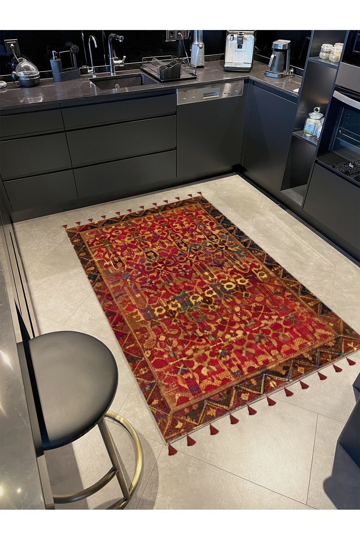 Royal Antik Şekil Figürleri Desenli Püskül Detaylı Dokuma Taban Dekoratif Halı royal41