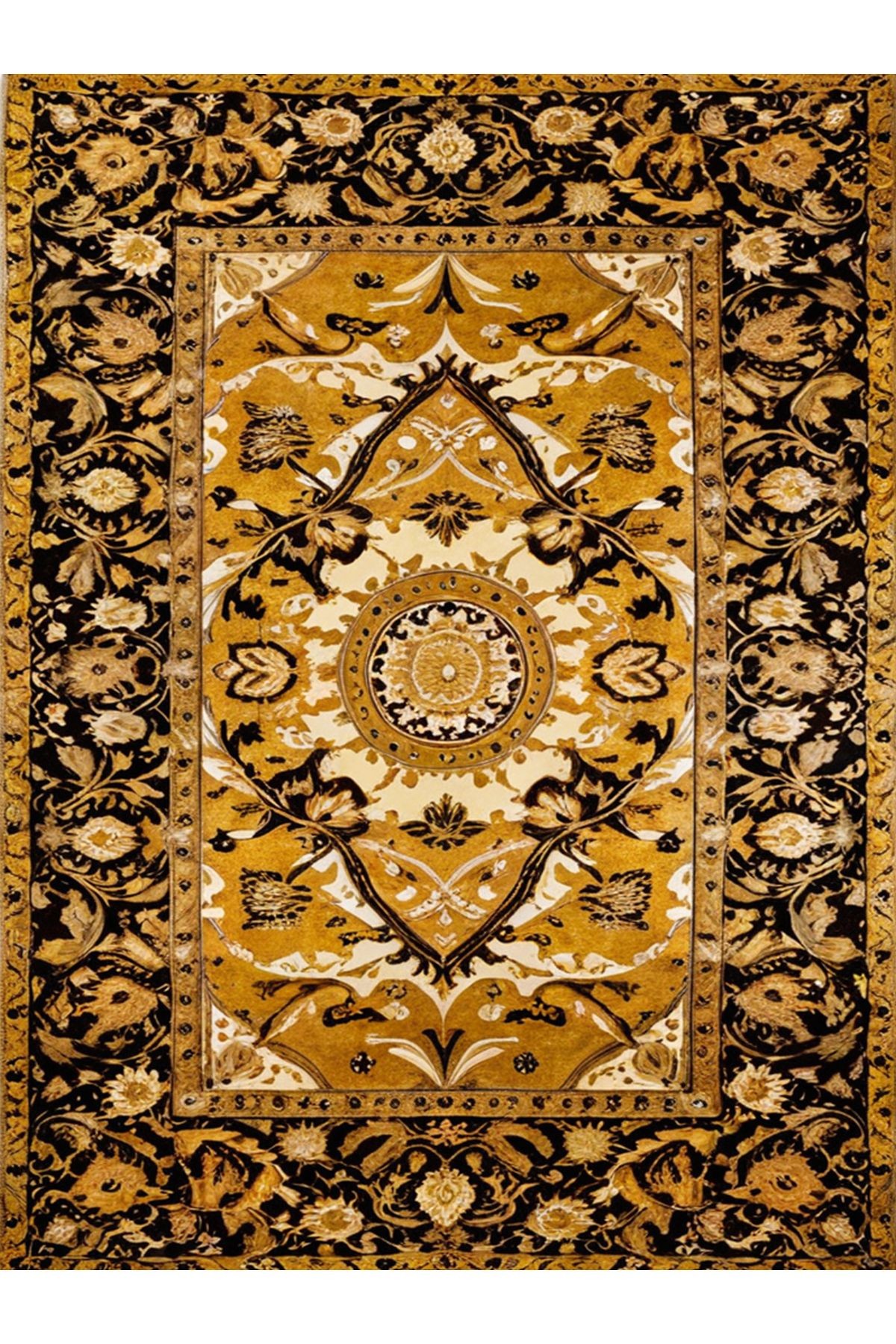 Tokyo Koleksiyonu Sarı Siyah Tonlar Floral Geleneksel Desenli Dokuma Taban Vintage Dekoratif Halı 18