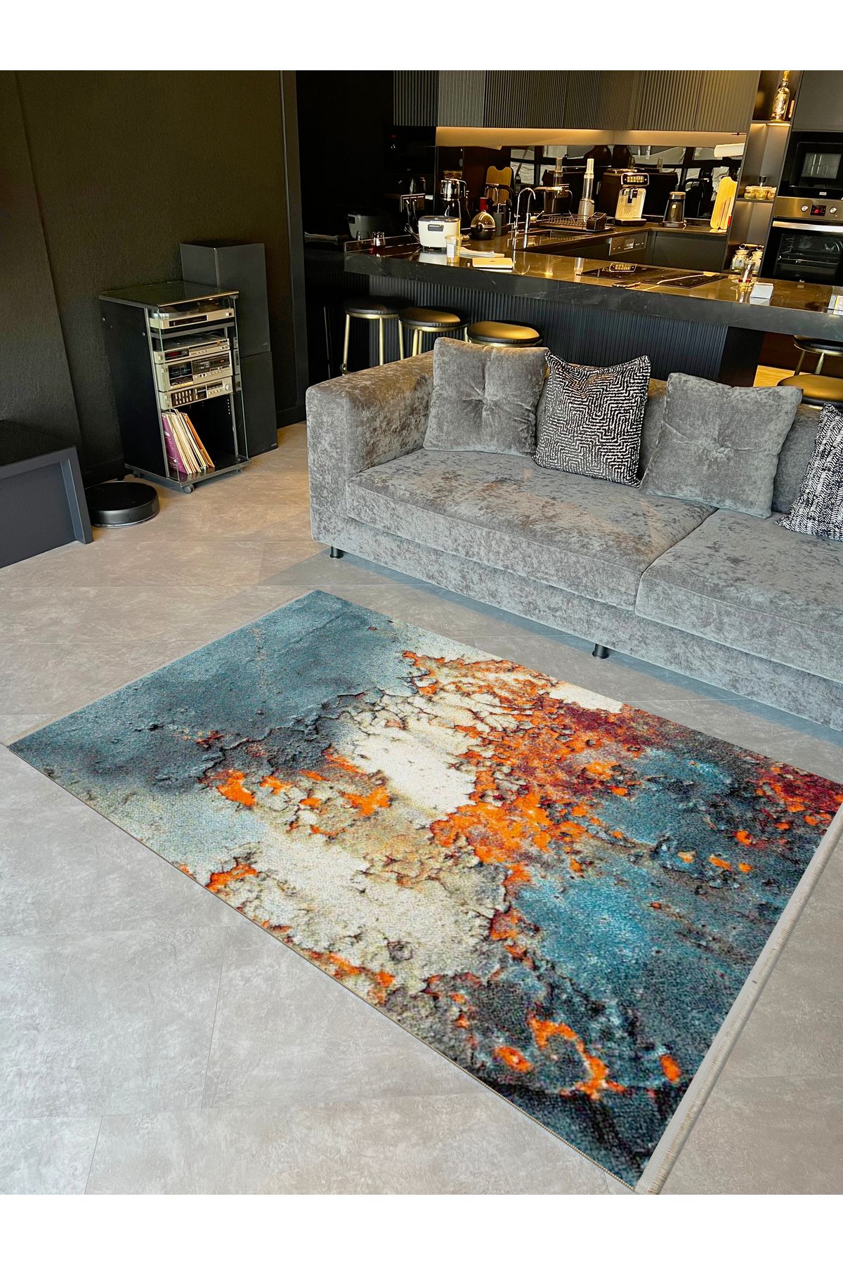 Güney Koleksiyonu Mavi Turuncu Temalı Soyut Abstract Desenli Kreatif Modern Dekoratif Halı 12