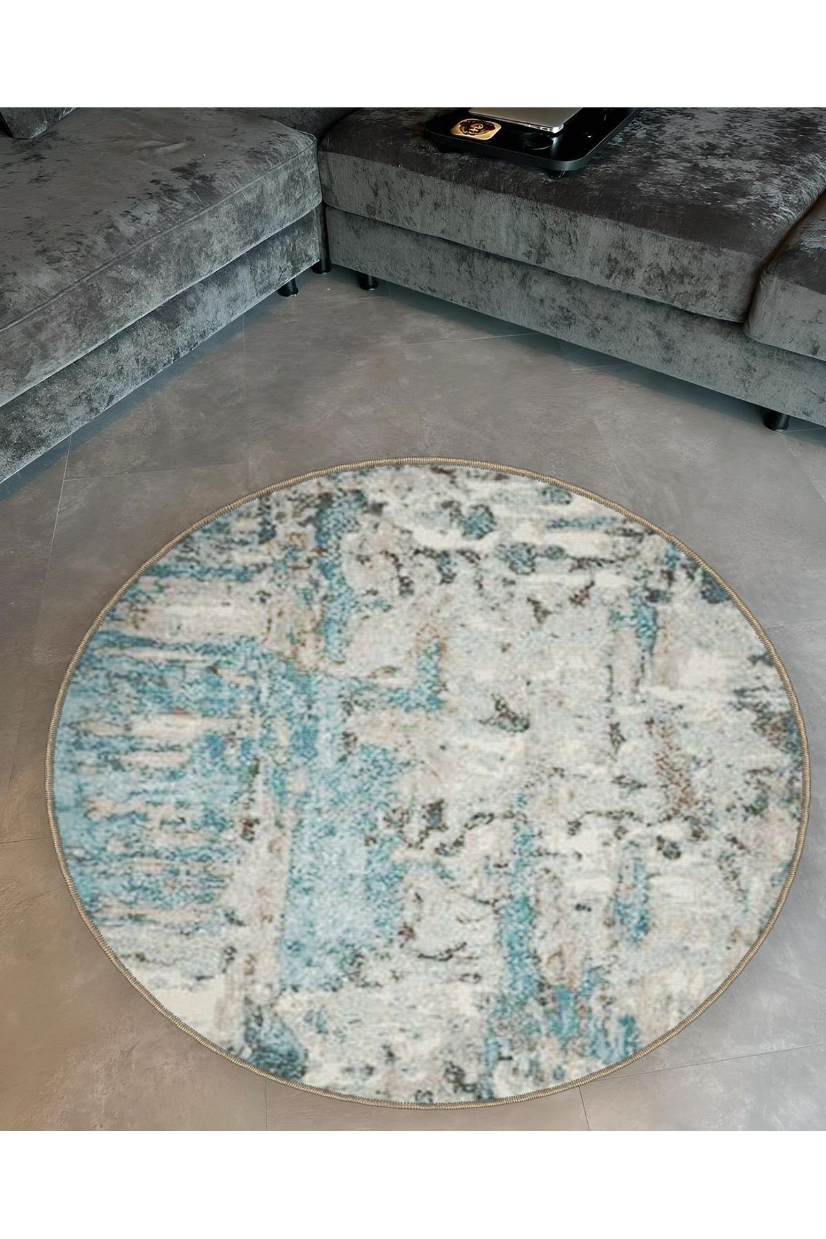 Mira Yuvarlak Mavi Detaylı Soyut Desenli Dokuma Taban Modern Dekoratif Halı 5587