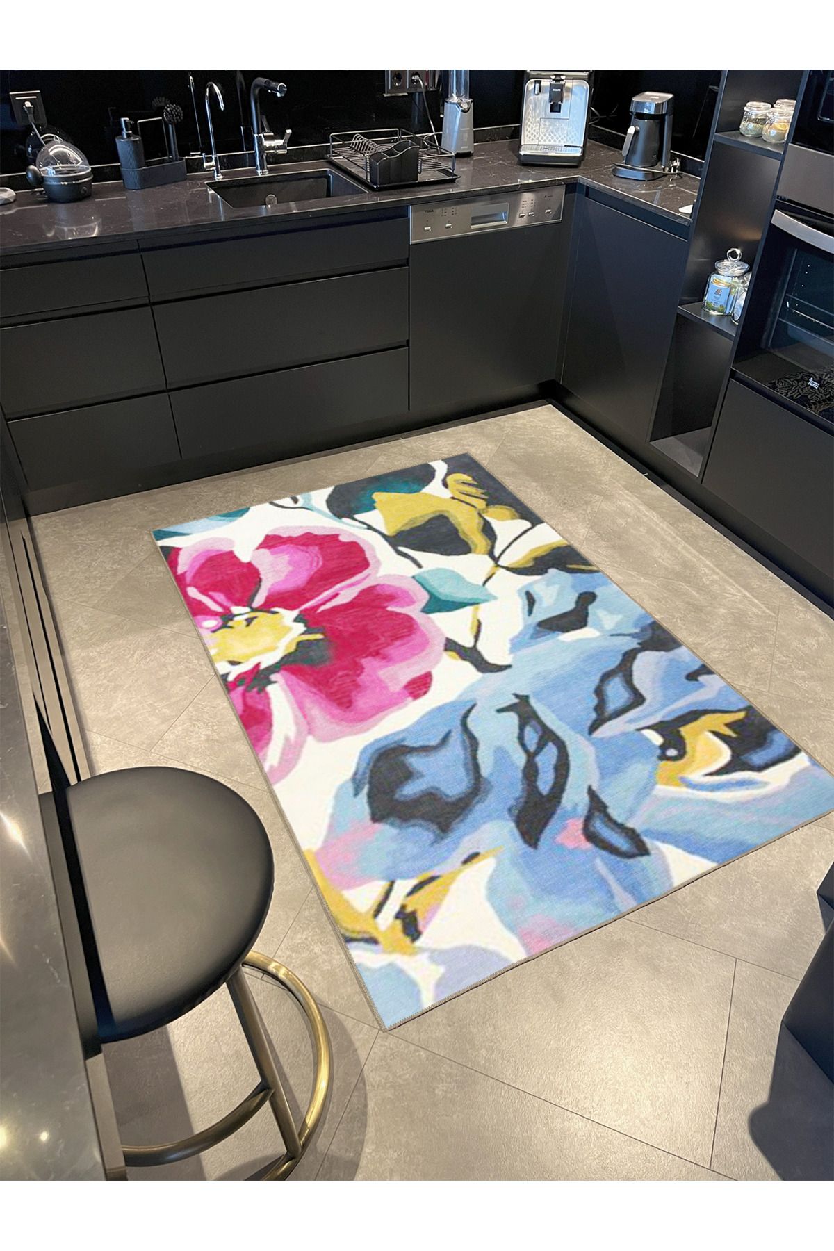 Pembe Mavi Temalı Floral Çiçek Desenli Modern Dekoratif Halı 3508