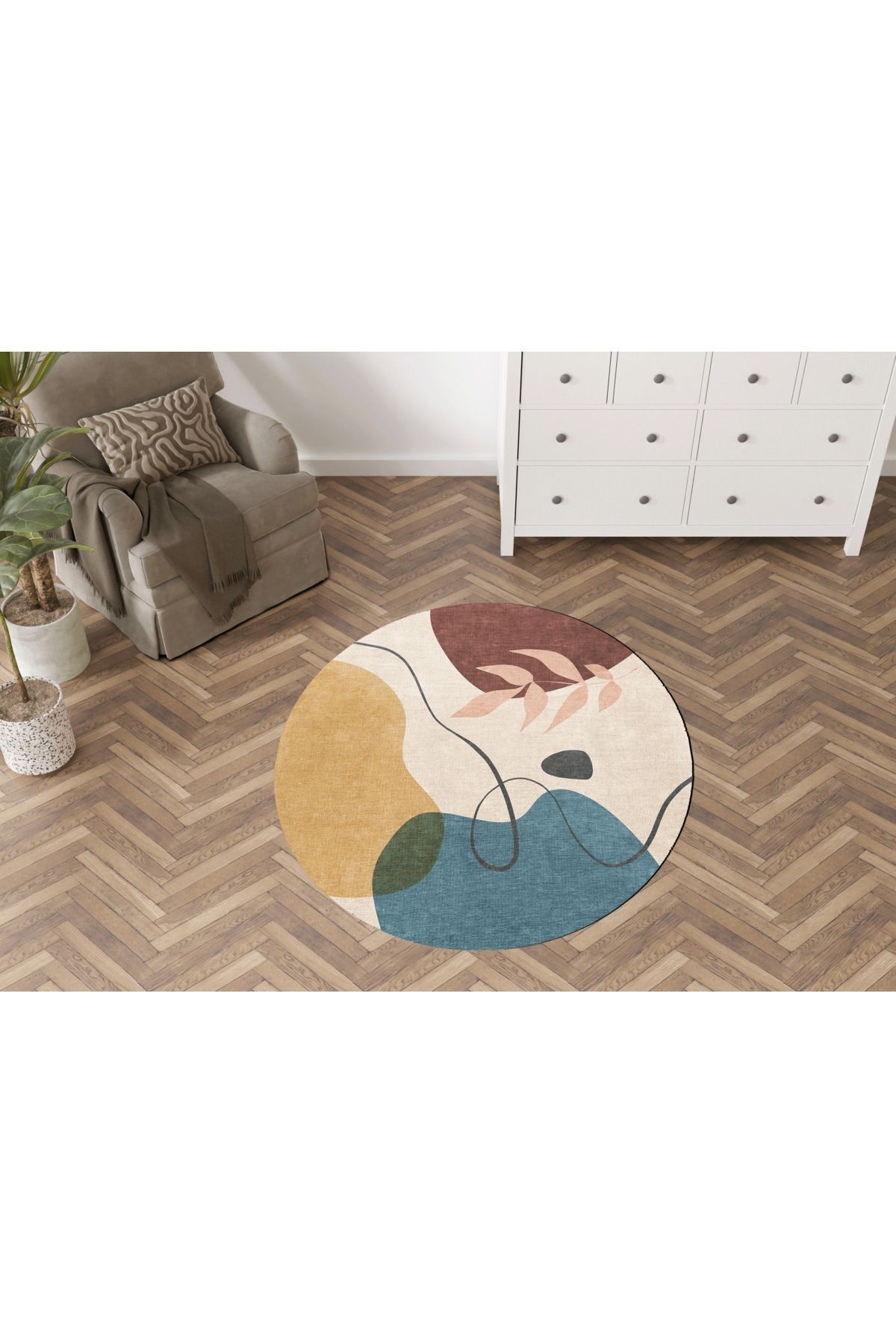 Çok Renkli Karma Şekil Çiçek Desenli Kreatif Modern Dokuma Taban Yuvarlak Dekoratif Halı 2224