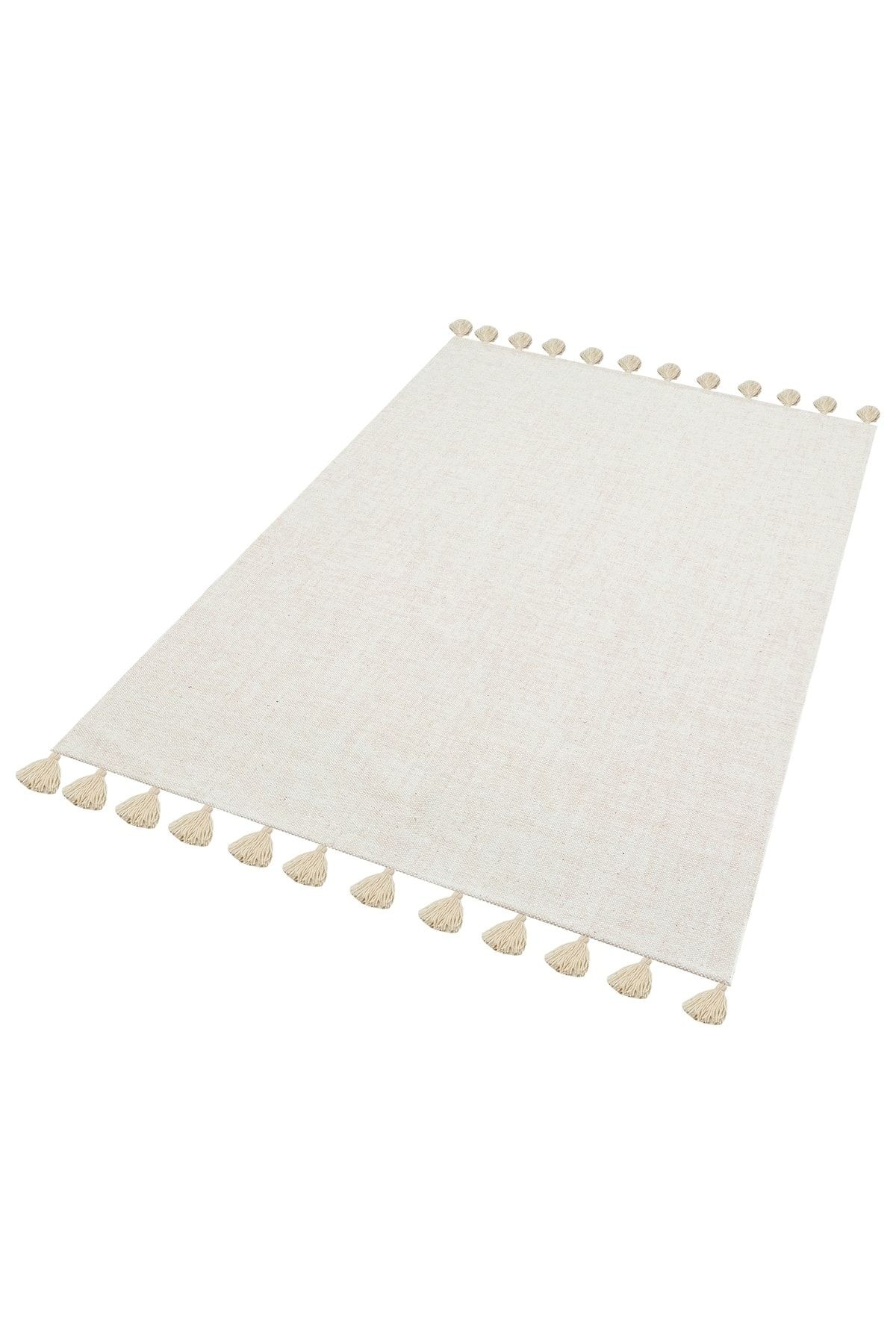 Moroccan 9009 Ekru Hasır Görünüm Ekru Püsküllü Modern Kilim