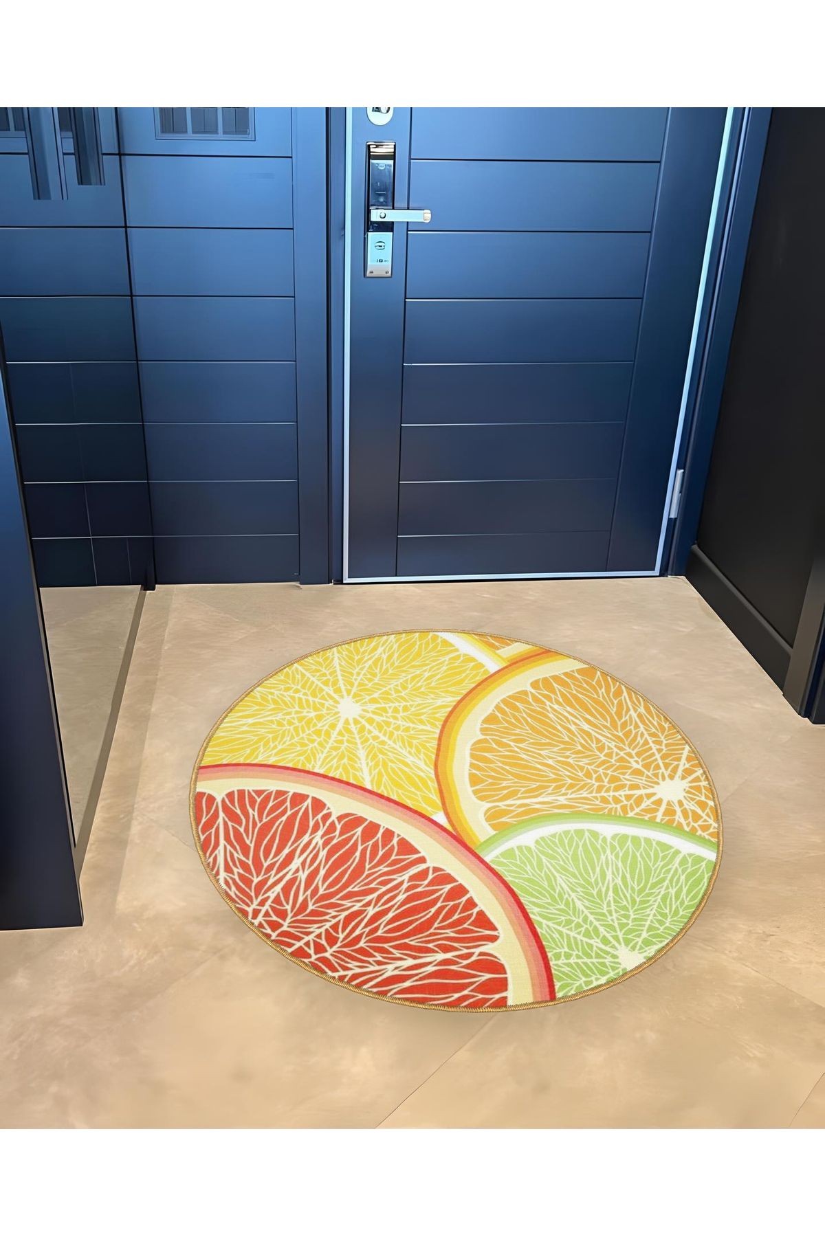 Mira Yuvarlak Sarı Turuncu Yeşil Limon ve Portakal Dilimi Desenli Dokuma Taban Dekoratif Halı 5778