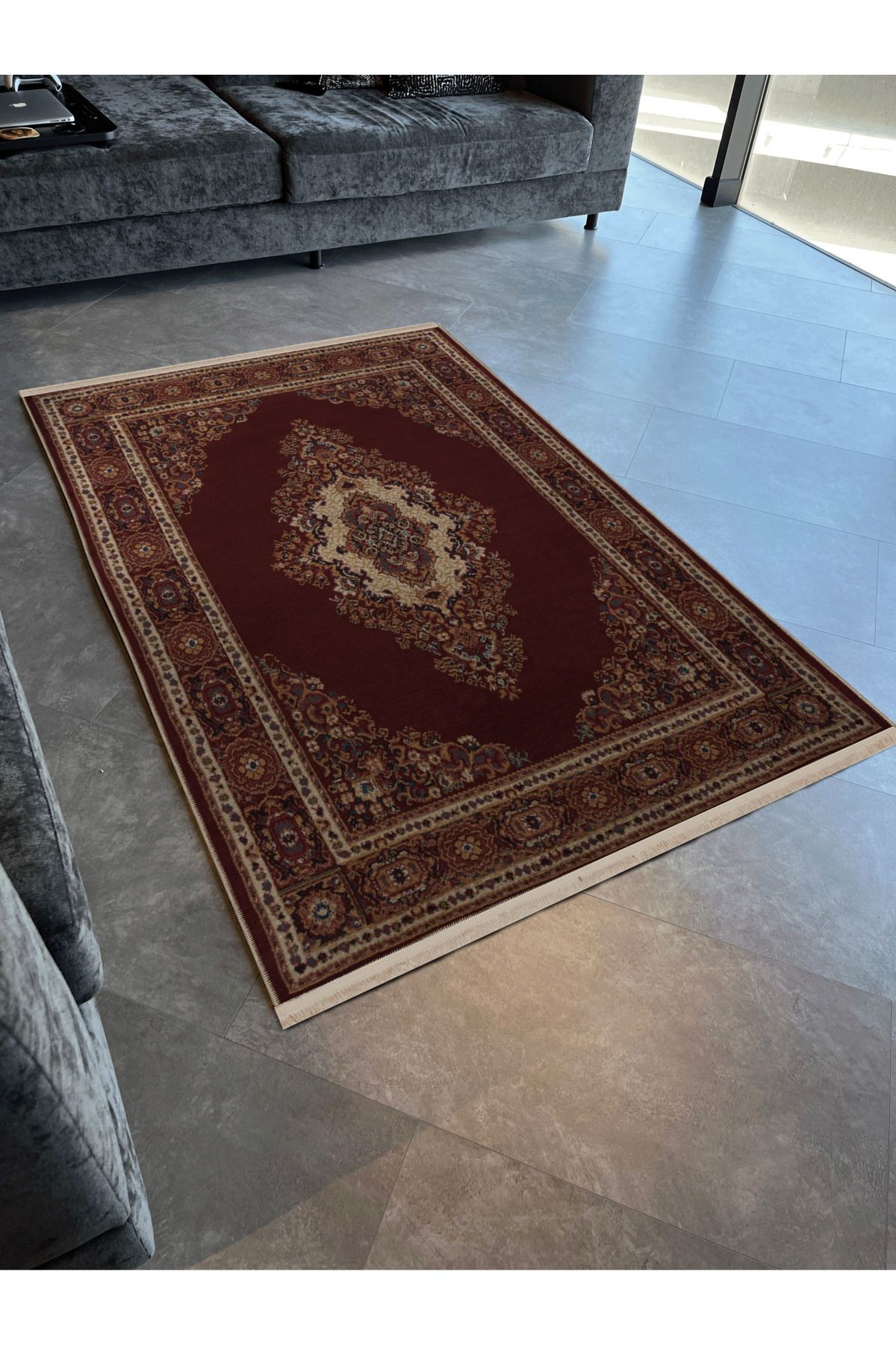 Bordo Temalı Geleneksel Motif Etnik Desenli Saçaklı Vintage Dekoratif Halı 3051