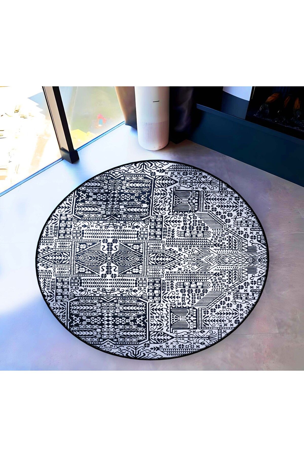 Mira Yuvarlak Siyah Beyaz Soyut Şekiller Detaylı Dokuma Taban Modern Dekoratif Halı mirayuvarlak5834