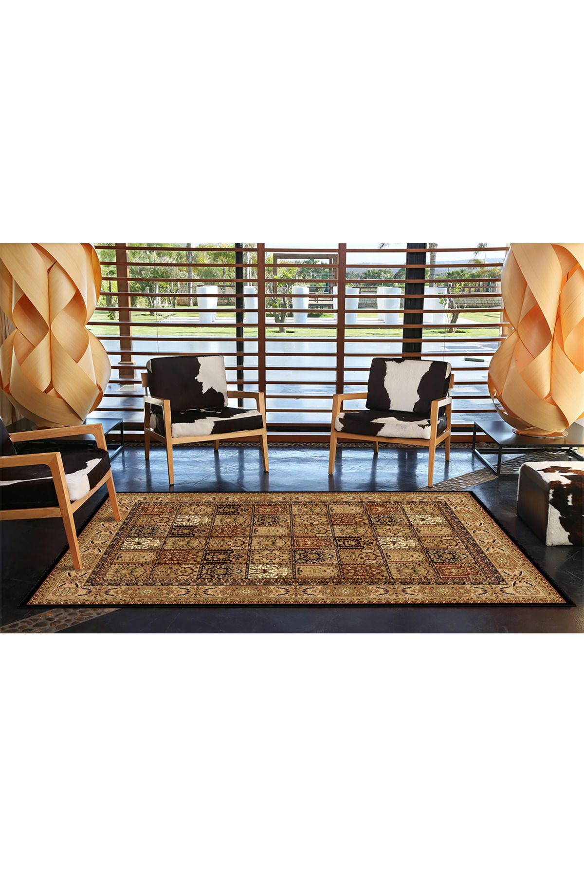 Kahverengi ve Karışık Renkli Çiçekli Floral Geometrik Modern Dekoratif Halı miravip189