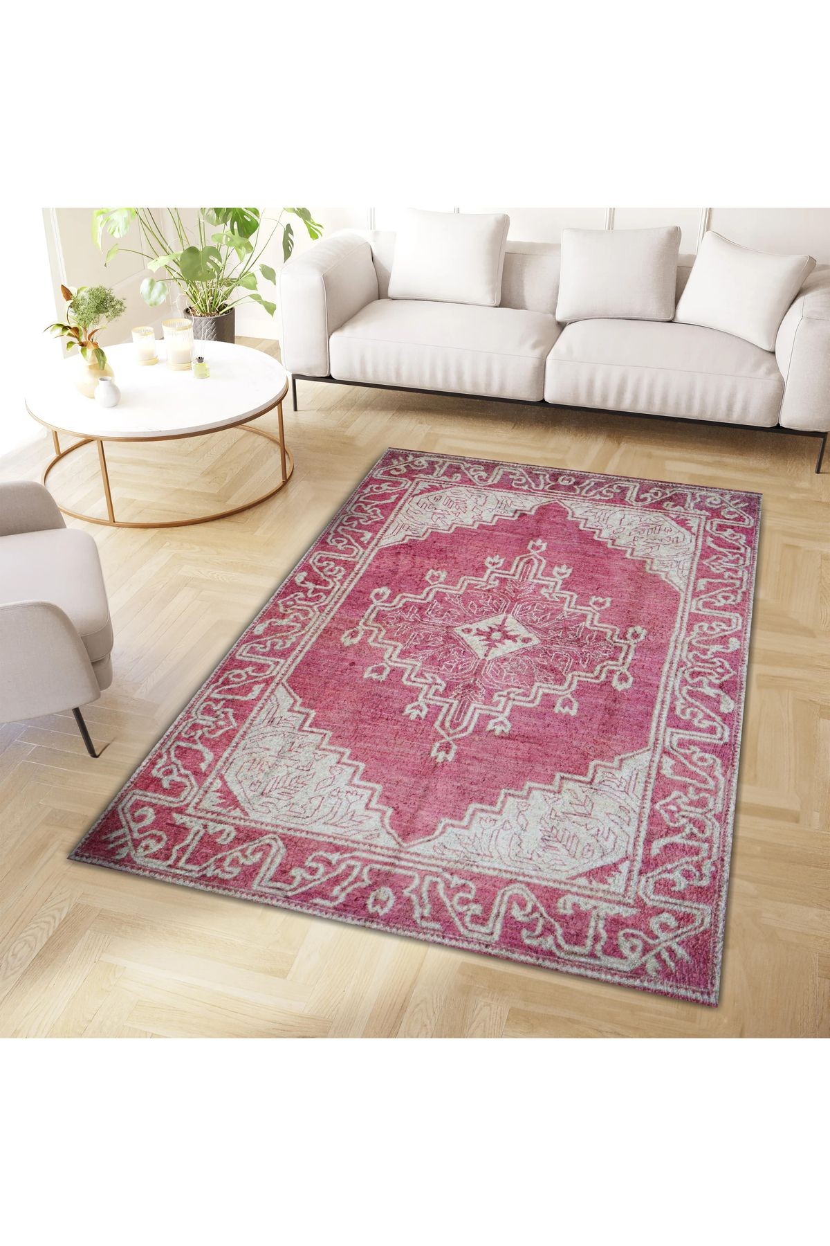 Asena Koleksiyonu Pembe ve Gri Temalı Geleneksel ve Bohem Desenli Vintage Dekoratif Halı 12